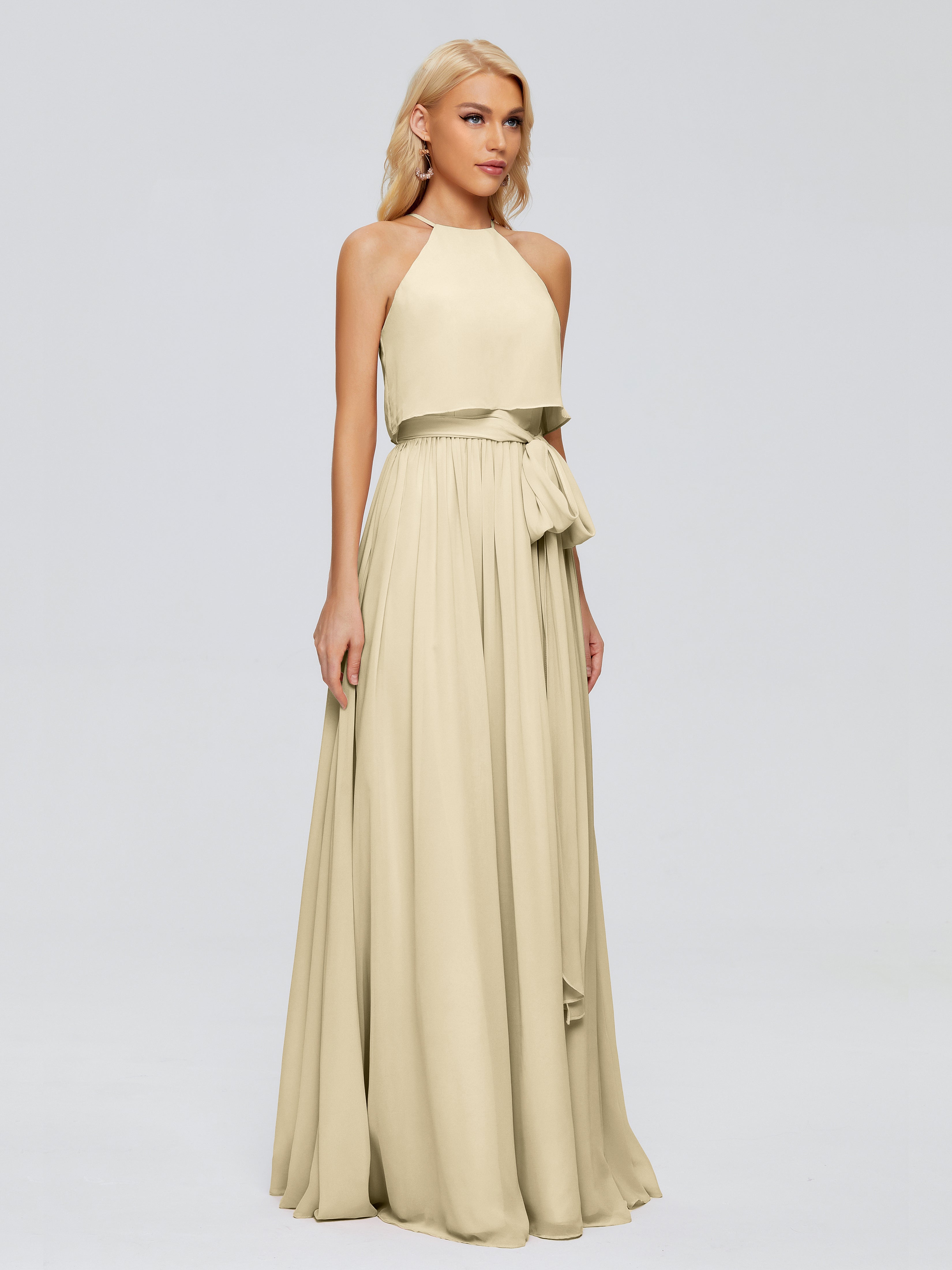 Robe Demoiselle D Honneur Couleur Champagne Trapèze Licou Mousseline Robes Demoiselle D'Honneur
