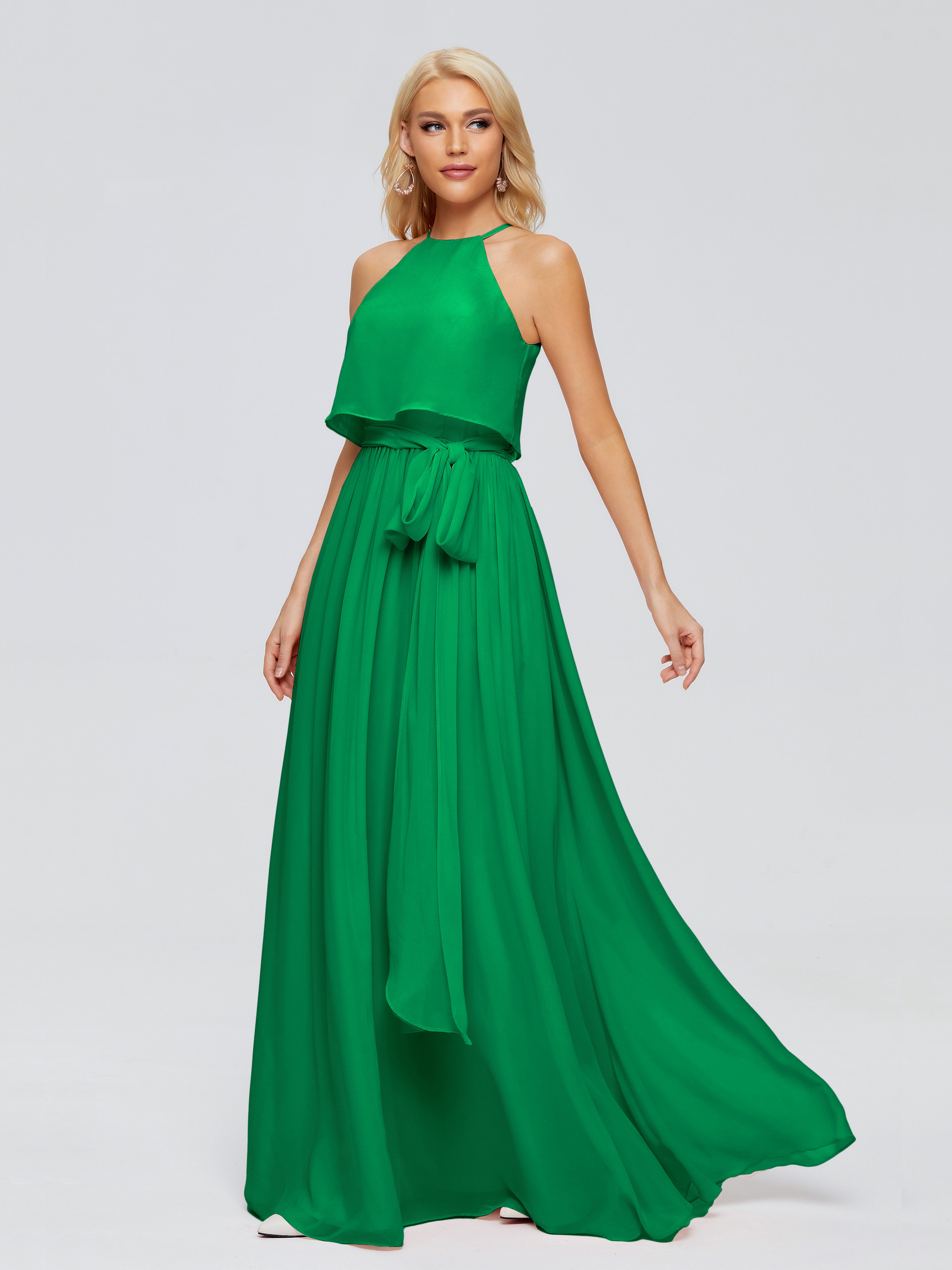 Robe Vert Emeraude Demoiselle D Honneur Trapèze Licou Mousseline Robes Demoiselle D'Honneur