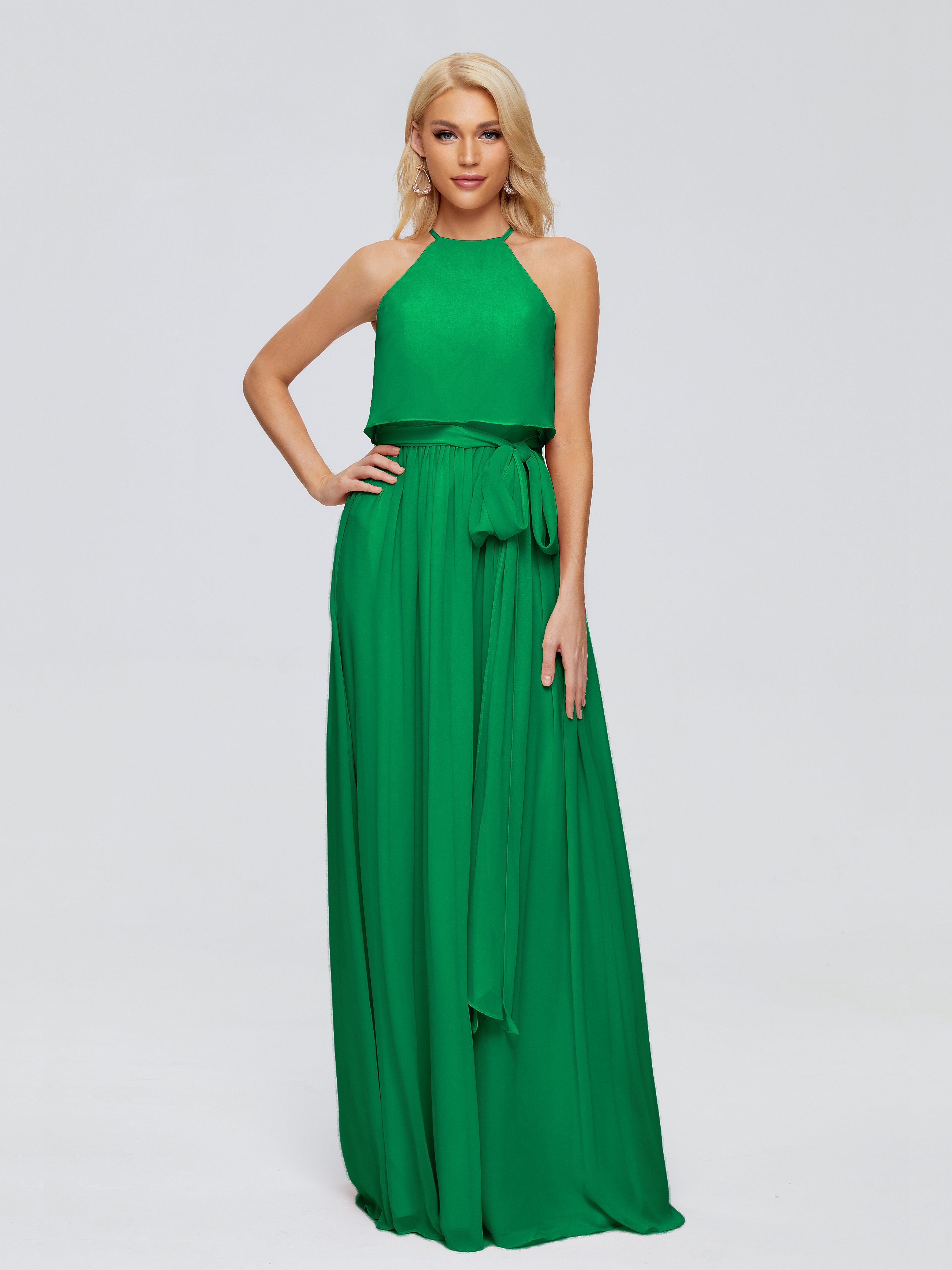 Robe Vert Emeraude Demoiselle D Honneur Trapèze Licou Mousseline Robes Demoiselle D'Honneur