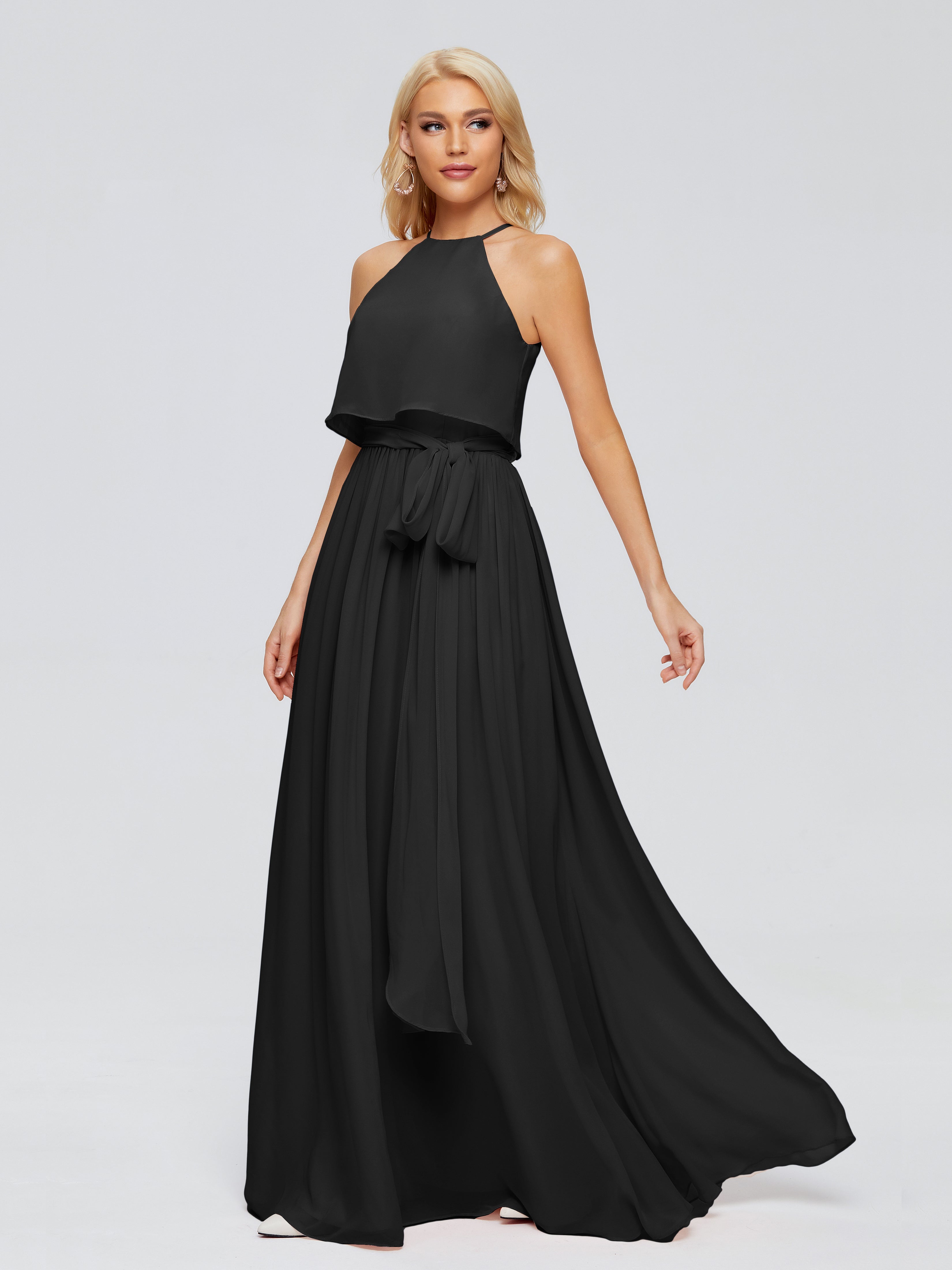 Robe De Demoiselle D Honneur Noir Trapèze Licou Mousseline Robes Demoiselle D'Honneur