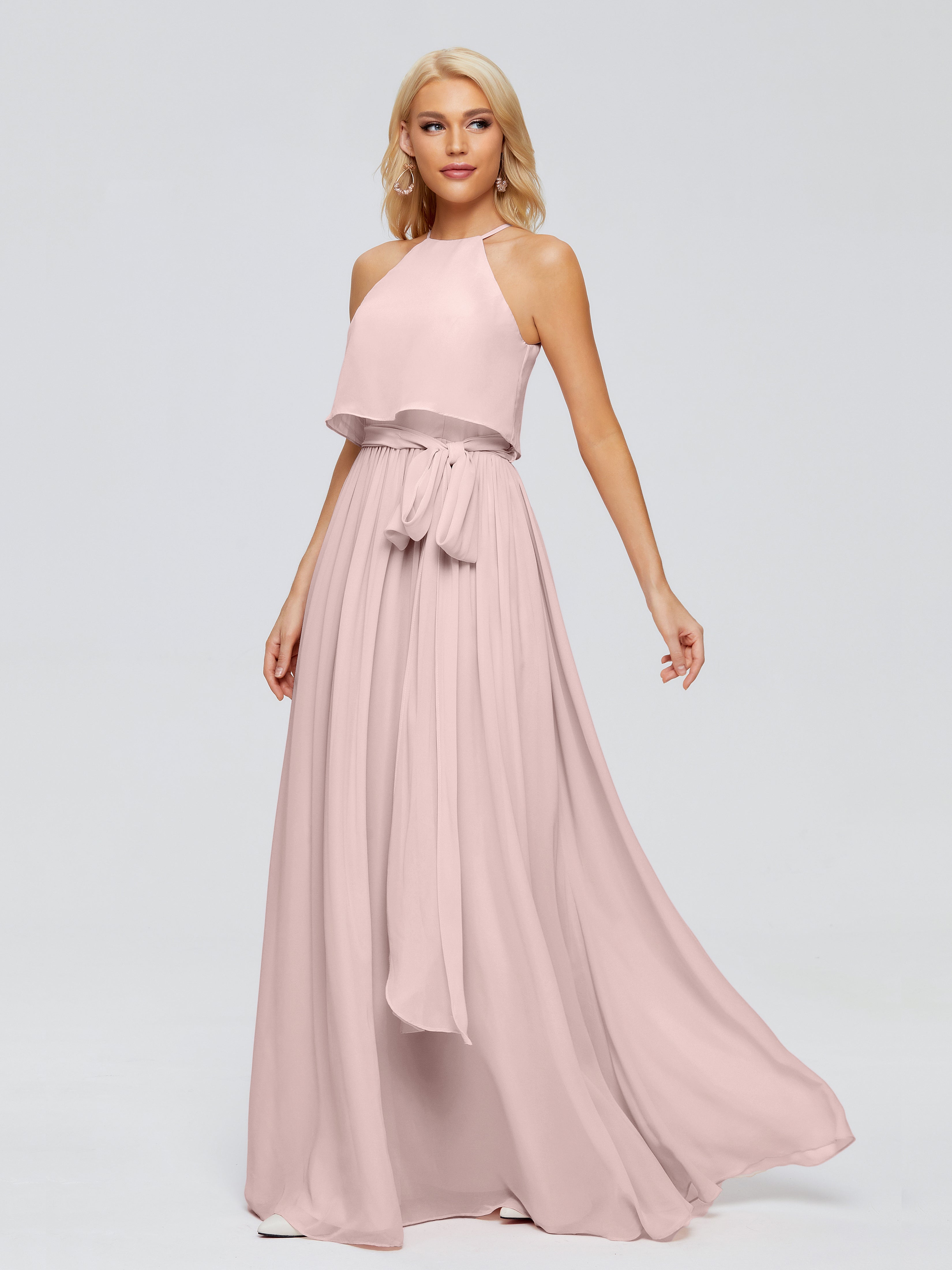 Robes De Demoiselle D'Honneur Couleur Rose Poudrée Trapèze Licou Mousseline Robes Demoiselle D'Honneur