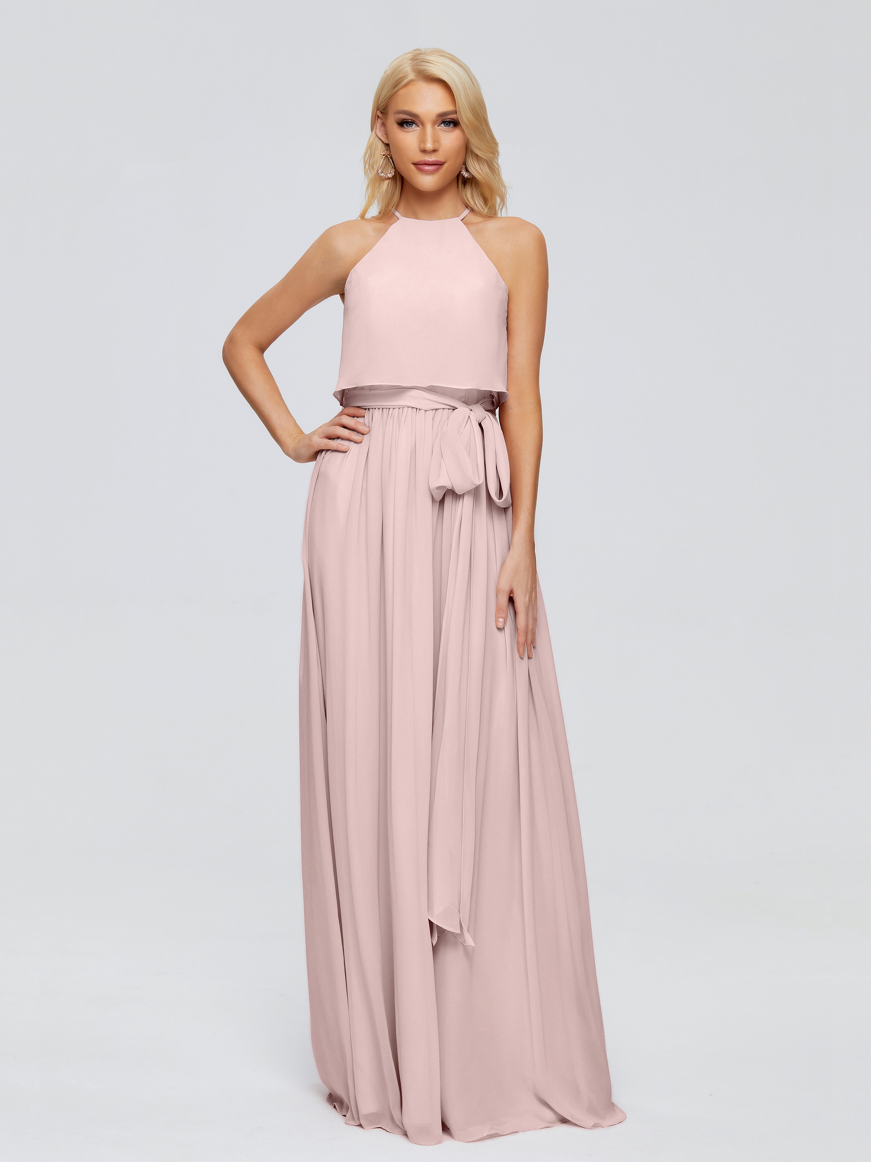 Robes De Demoiselle D'Honneur Couleur Rose Poudrée Trapèze Licou Mousseline Robes Demoiselle D'Honneur