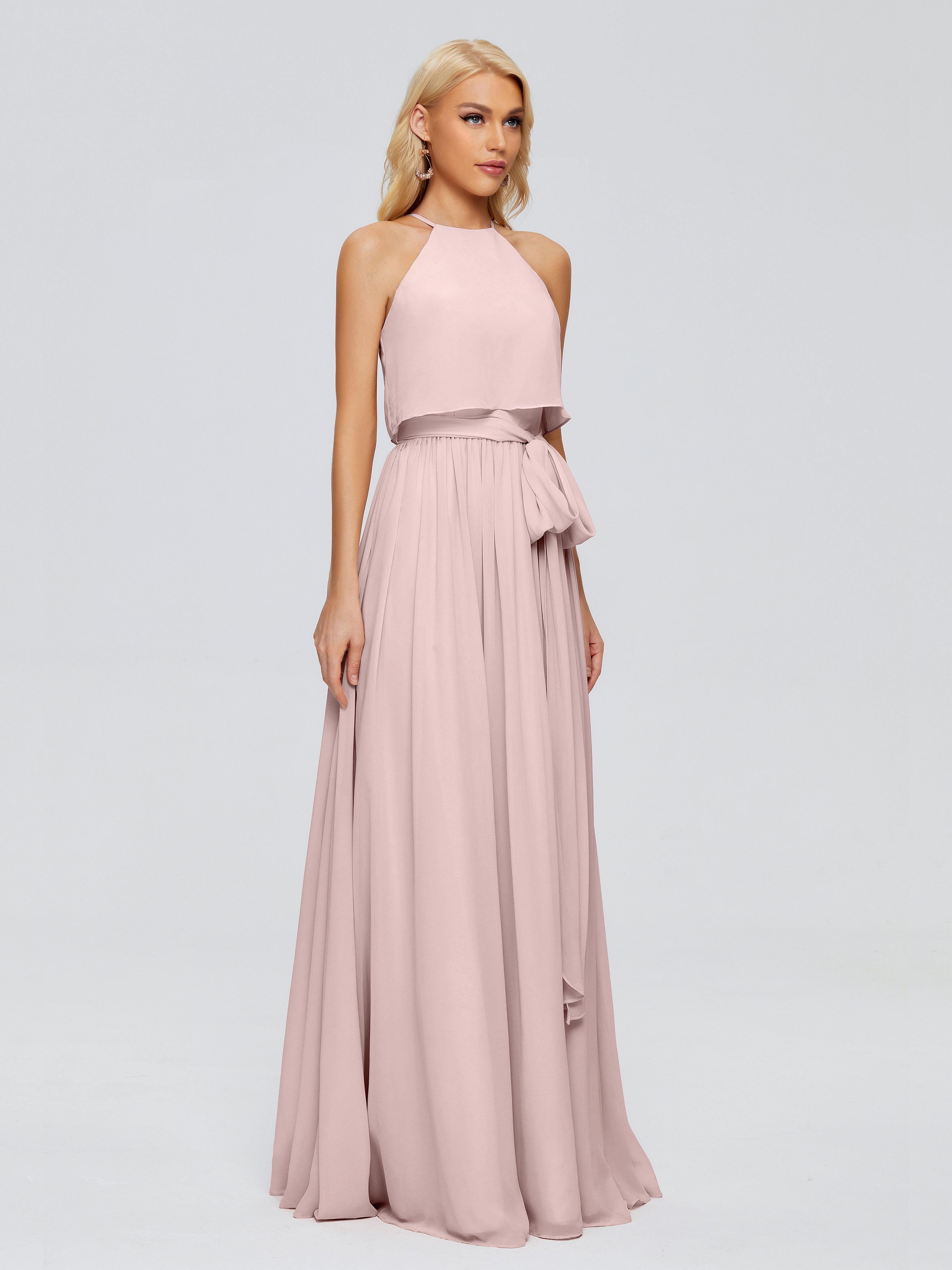 Robes De Demoiselle D'Honneur Couleur Rose Poudrée Trapèze Licou Mousseline Robes Demoiselle D'Honneur