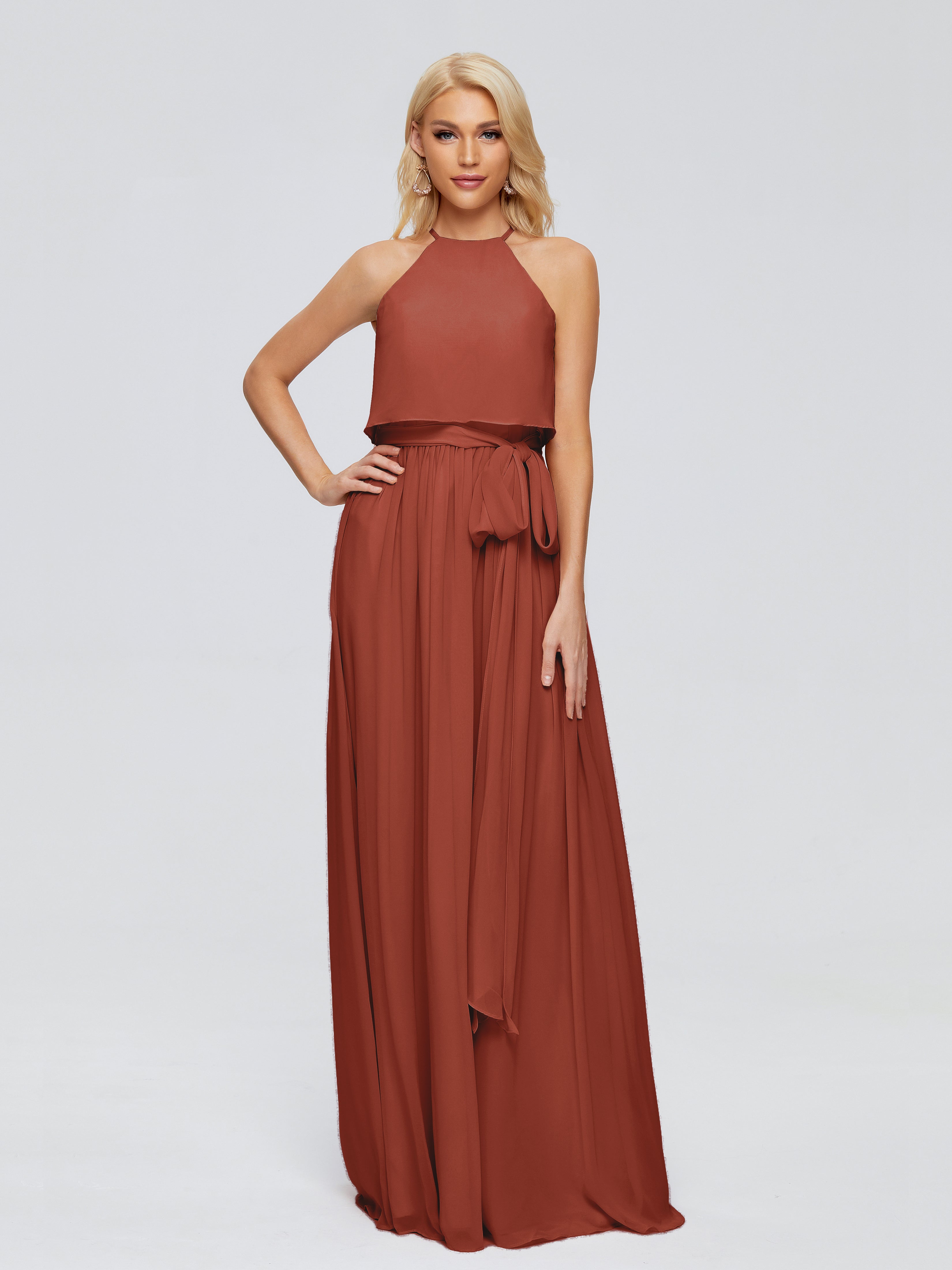 Robe Rouille Demoiselle D Honneur Trapèze Licou Mousseline Robes Demoiselle D'Honneur