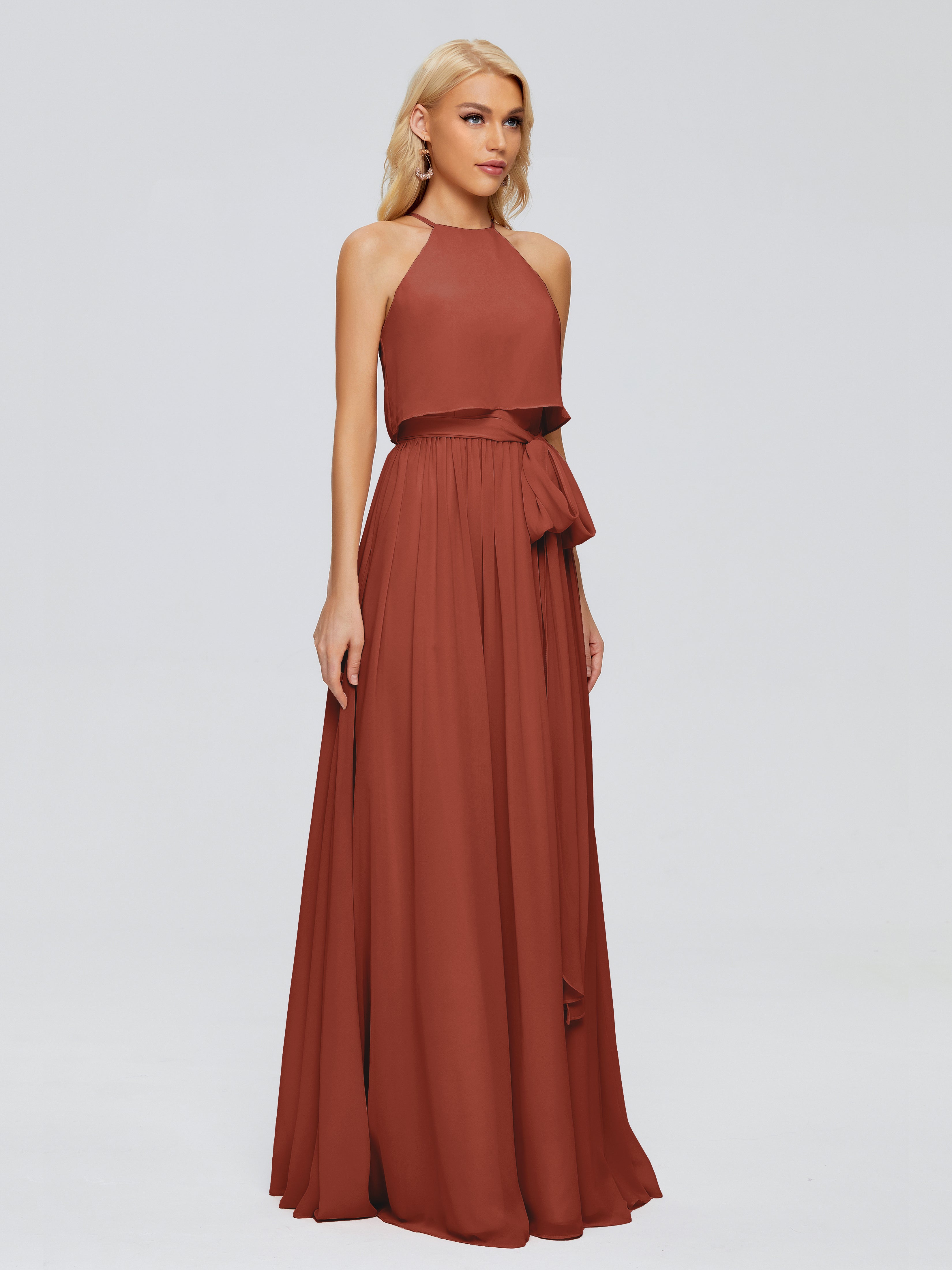 Robe Rouille Demoiselle D Honneur Trapèze Licou Mousseline Robes Demoiselle D'Honneur