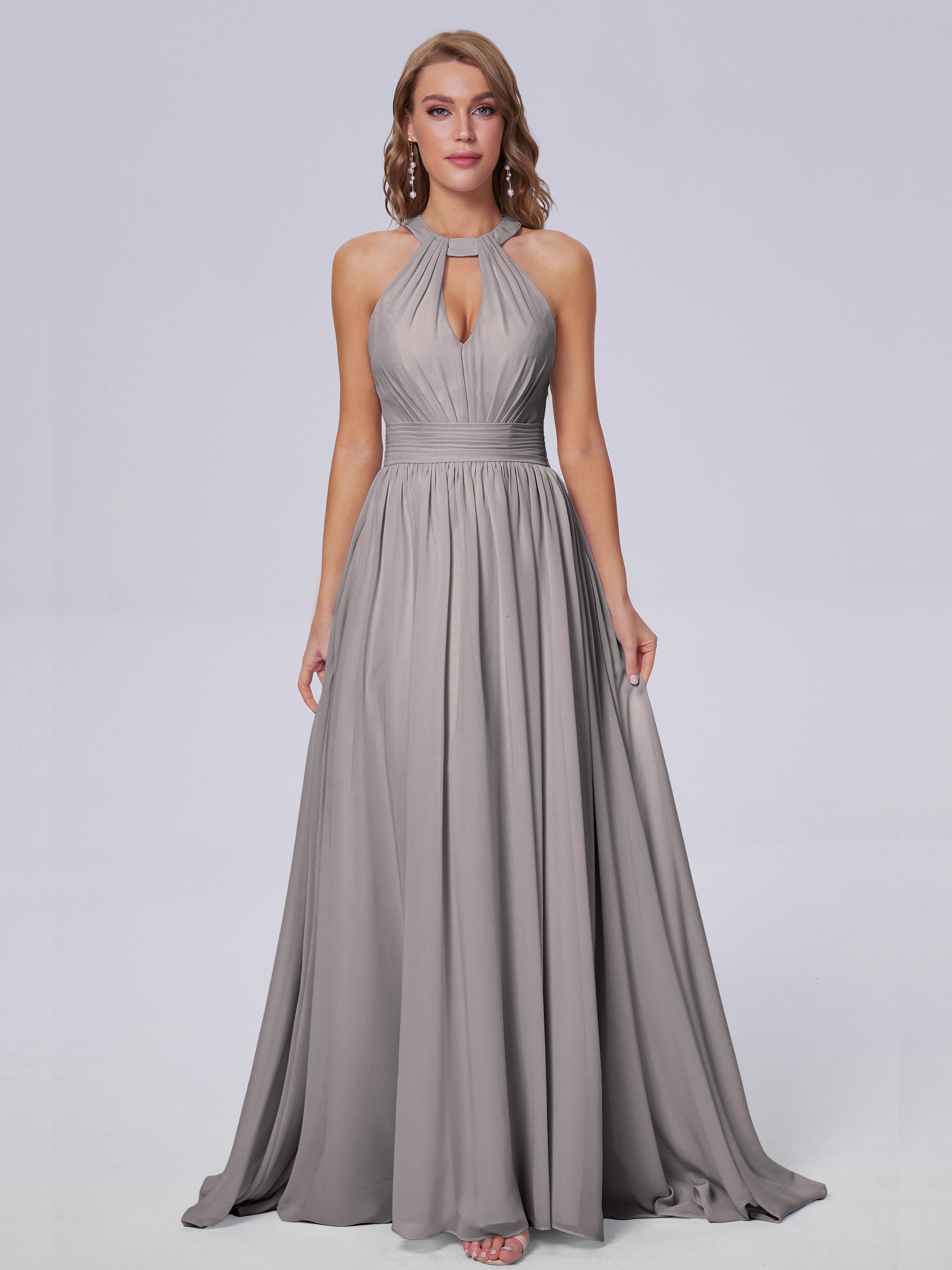 Robes De Demoiselle D'Honneur En Argent Balayage Traîne Mousseline Robes Demoiselle D'Honneur