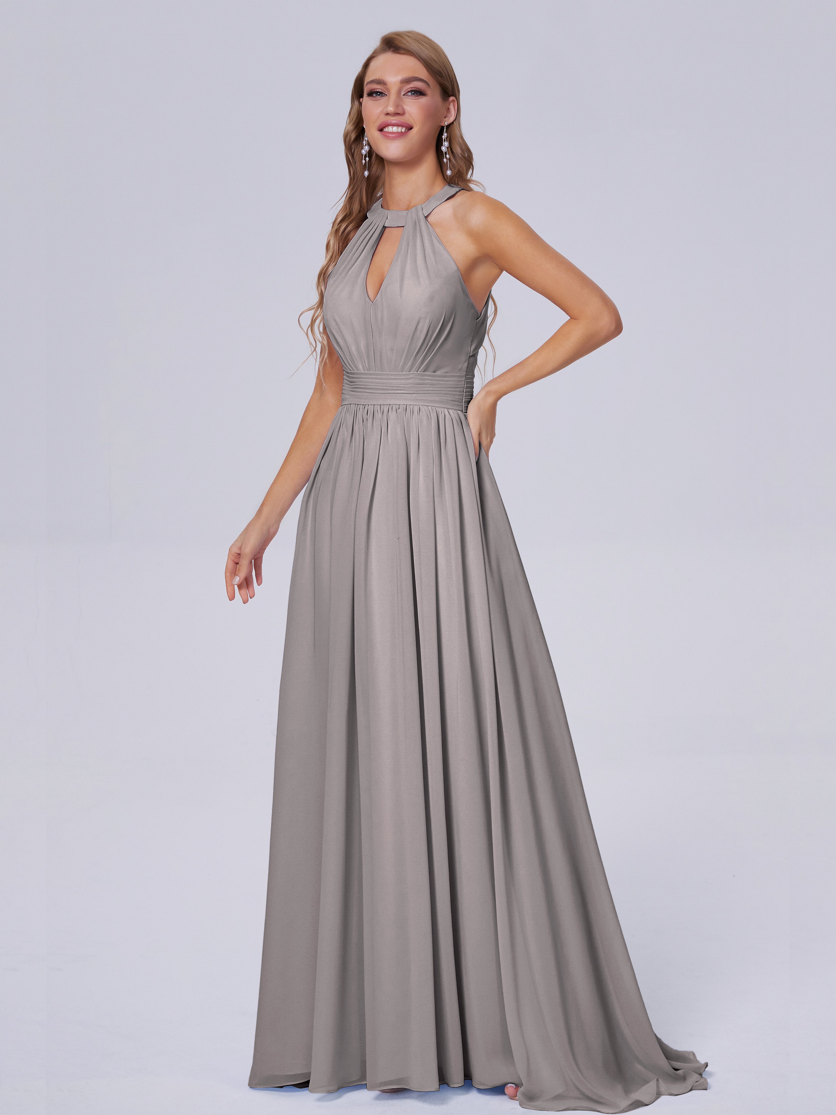 Robes De Demoiselle D'Honneur En Argent Balayage Traîne Mousseline Robes Demoiselle D'Honneur