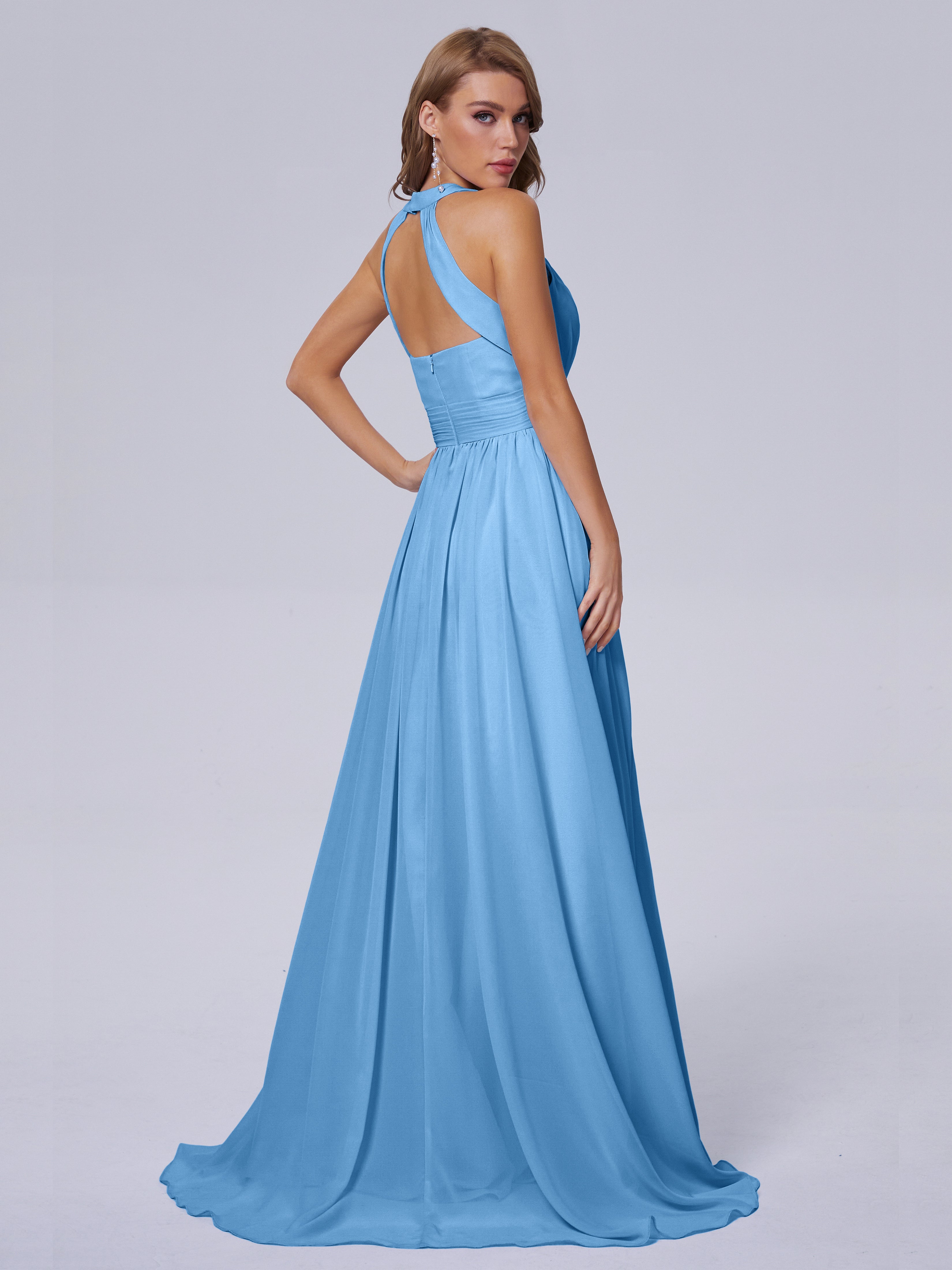 Robes De Demoiselle D'Honneur Bleues Longues Balayage Traîne Mousseline Robes Demoiselle D'Honneur