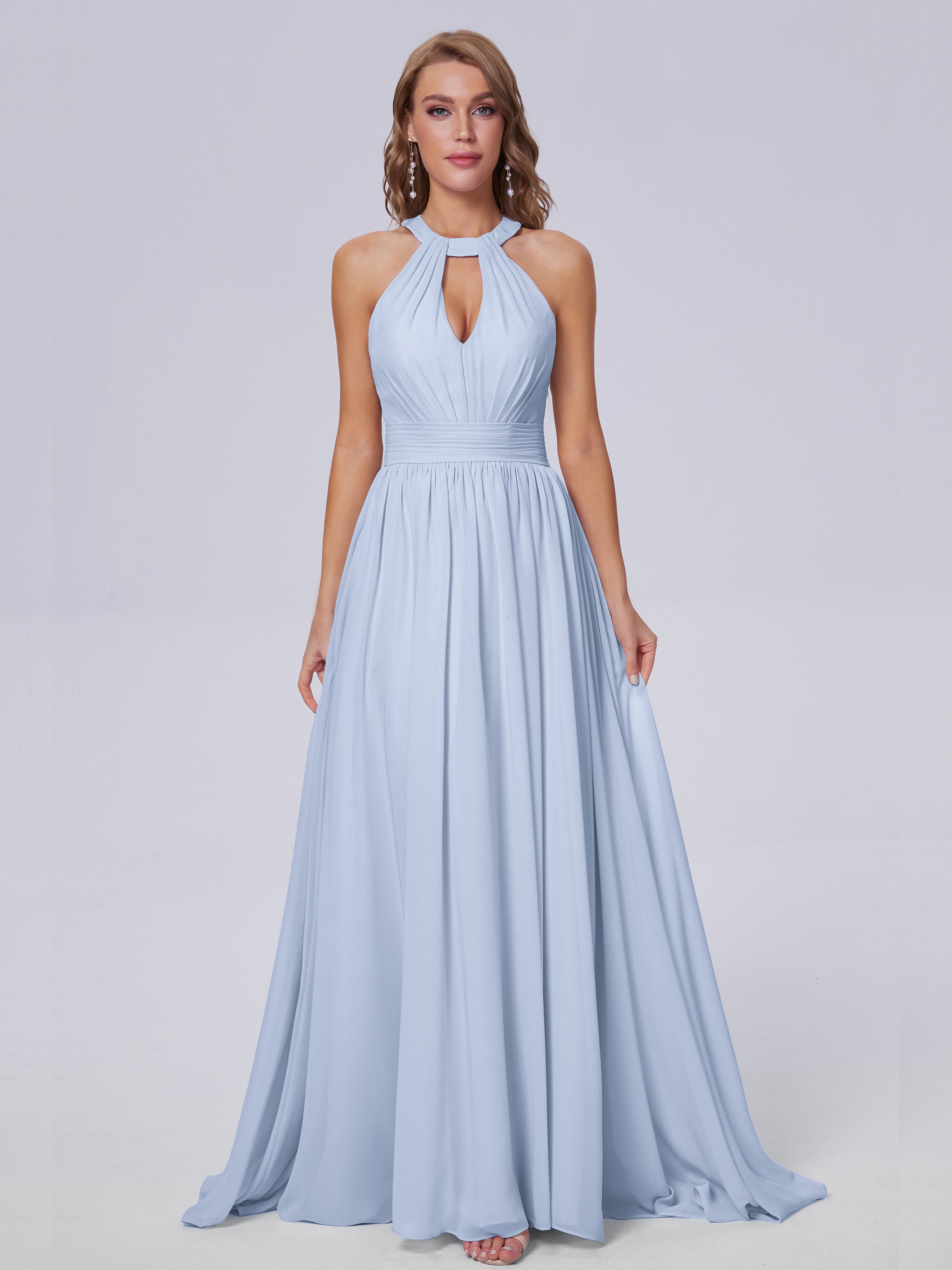 Robe Demoiselle D Honneur Bleue Ciel Balayage Traîne Mousseline Robes Demoiselle D'Honneur