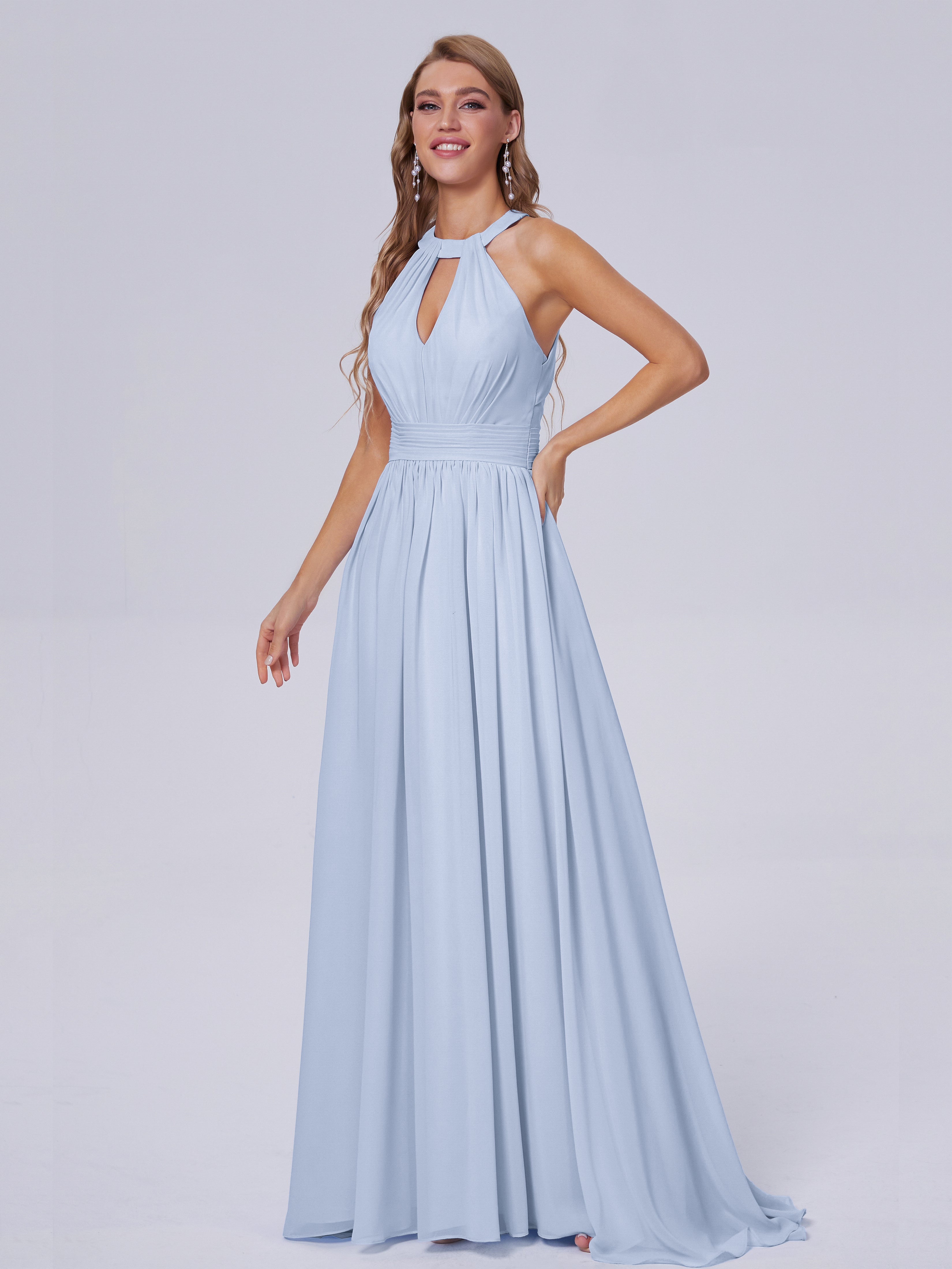 Robe Demoiselle D Honneur Bleue Ciel Balayage Traîne Mousseline Robes Demoiselle D'Honneur