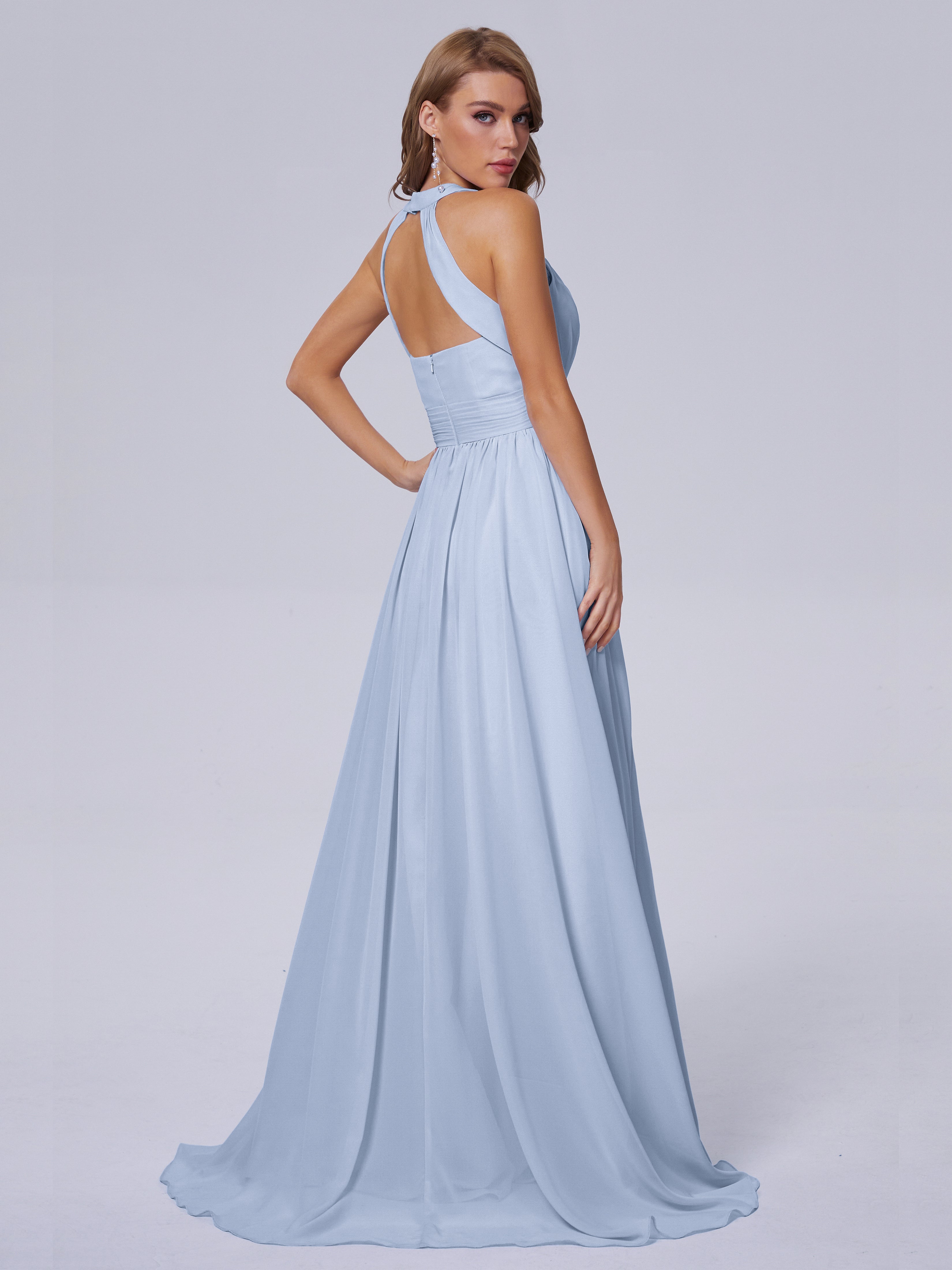 Robe Demoiselle D Honneur Bleue Ciel Balayage Traîne Mousseline Robes Demoiselle D'Honneur