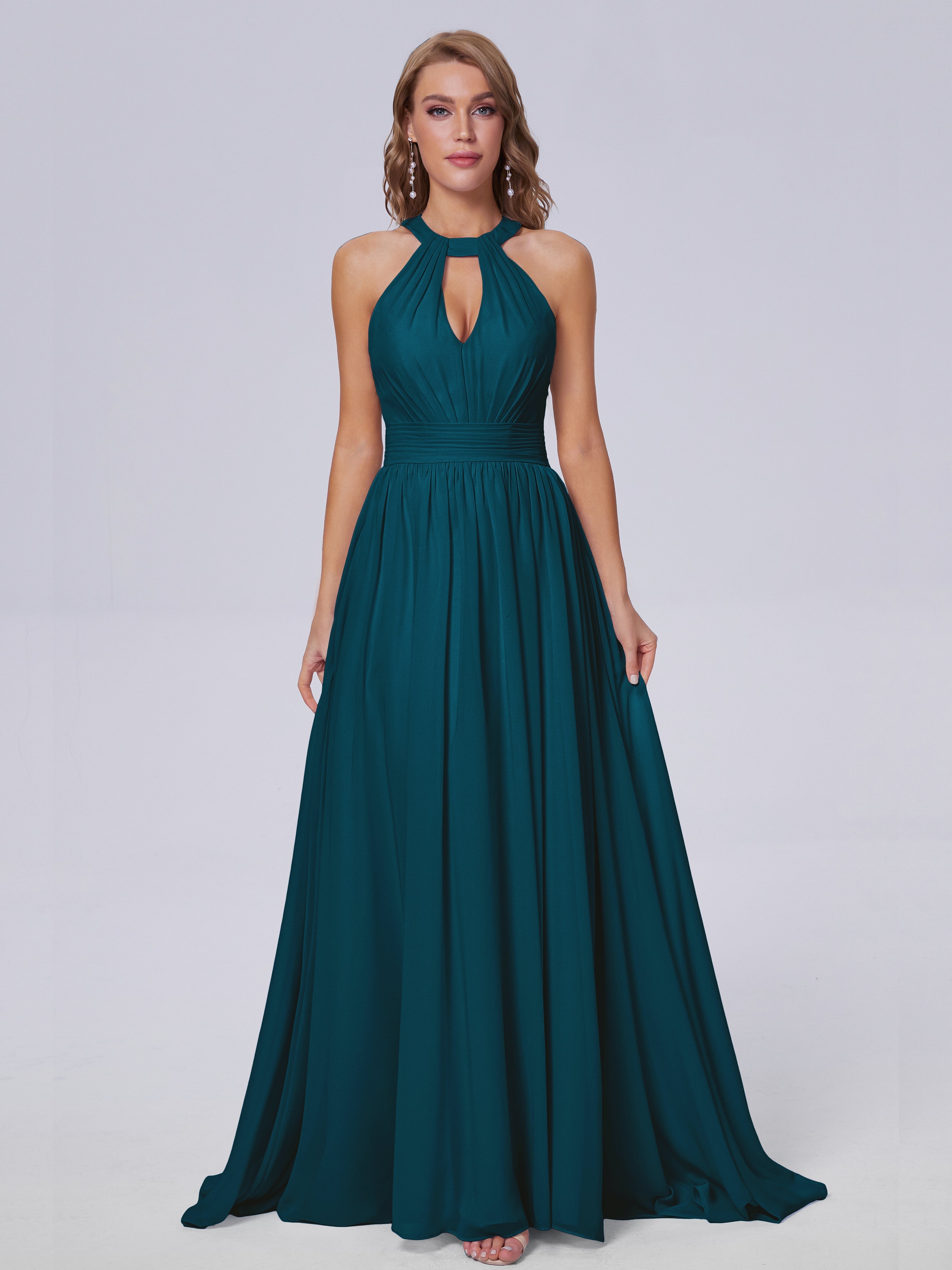 Robe De Demoiselle D'Honneur Bleu Encre Balayage Traîne Mousseline Robes Demoiselle D'Honneur