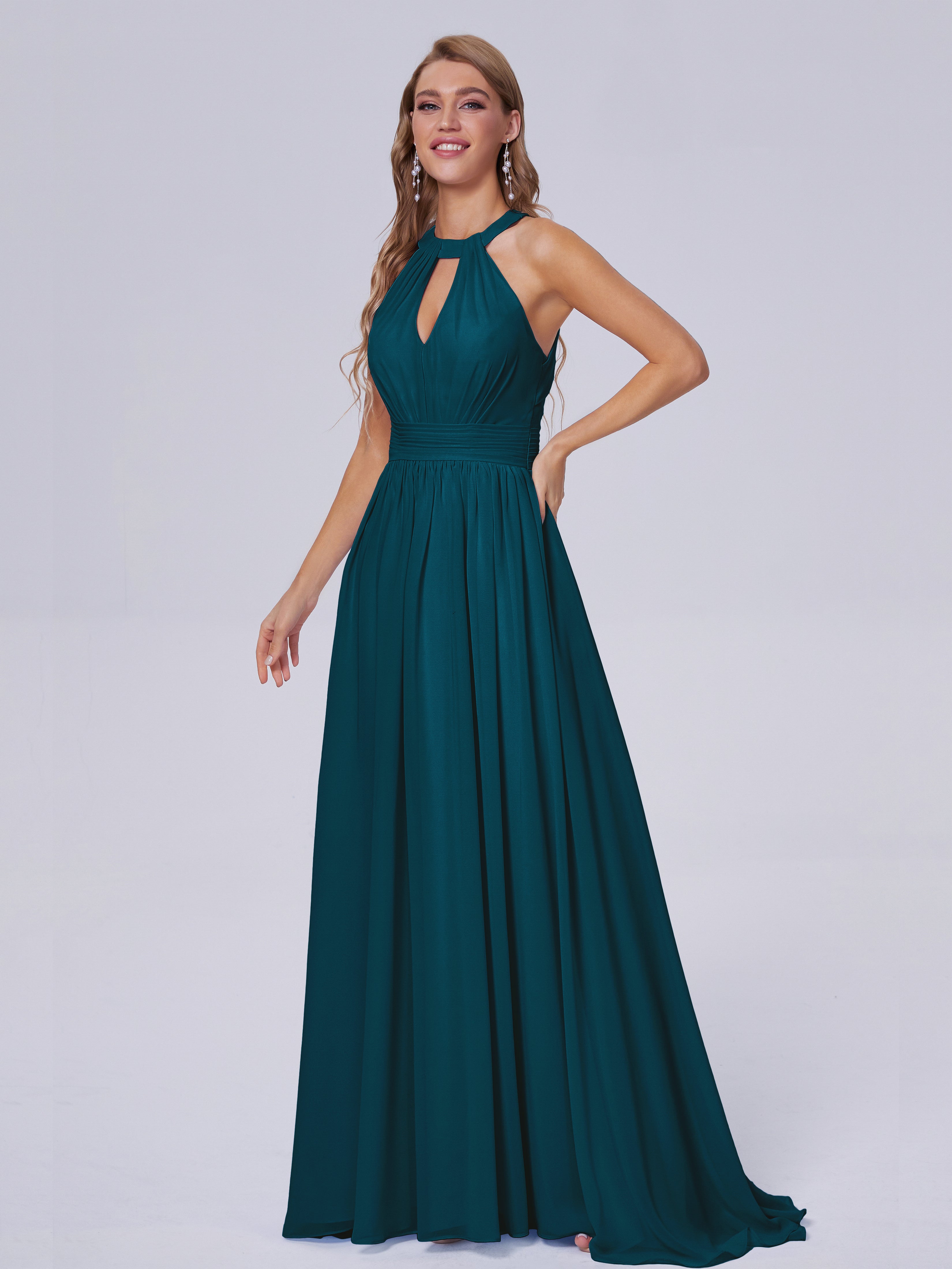 Robe De Demoiselle D'Honneur Bleu Encre Balayage Traîne Mousseline Robes Demoiselle D'Honneur