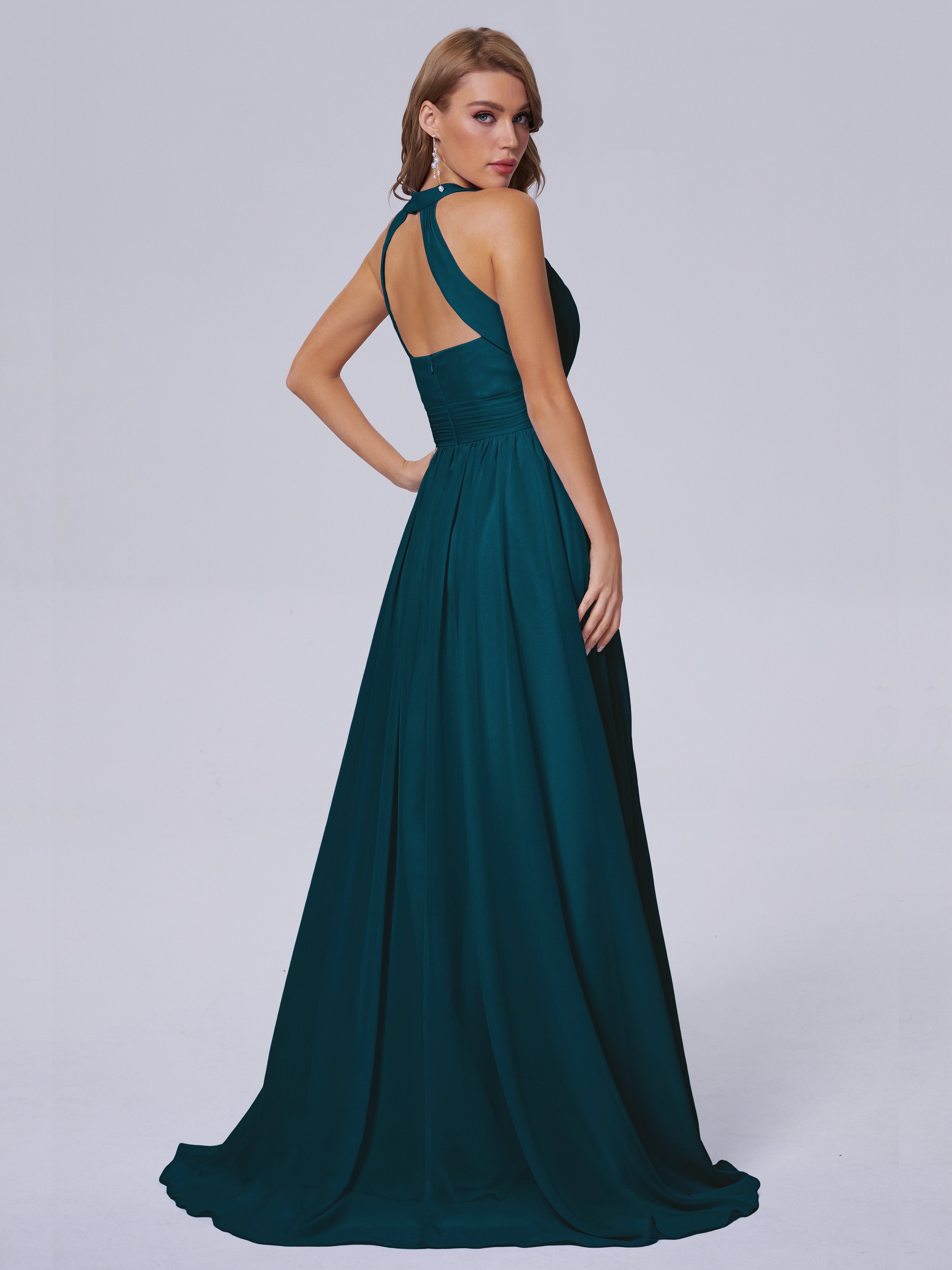 Robe De Demoiselle D'Honneur Bleu Encre Balayage Traîne Mousseline Robes Demoiselle D'Honneur
