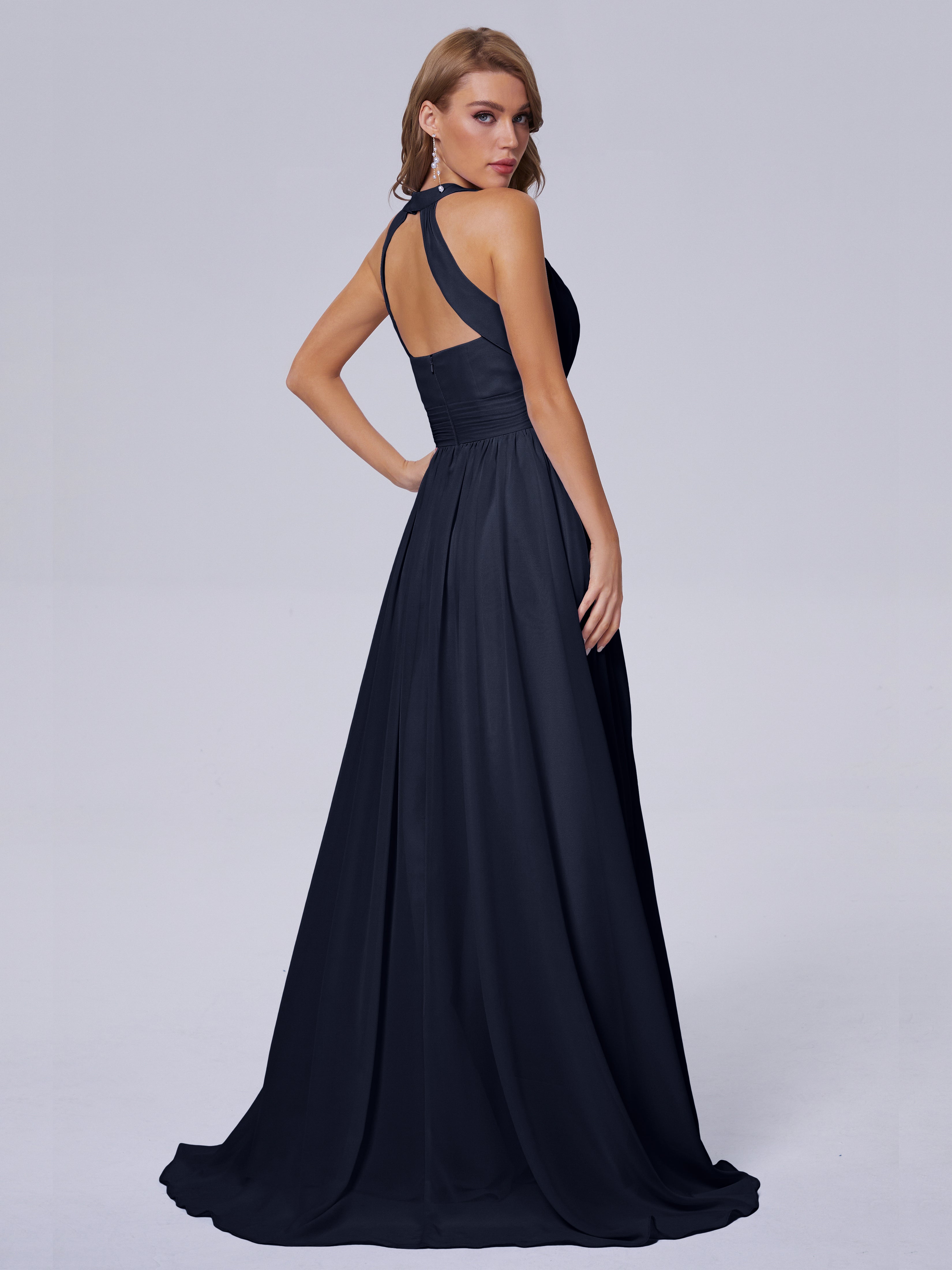 Longues Robes De Demoiselle D'Honneur Bleu Marine Balayage Traîne Mousseline Robes Demoiselle D'Honneur