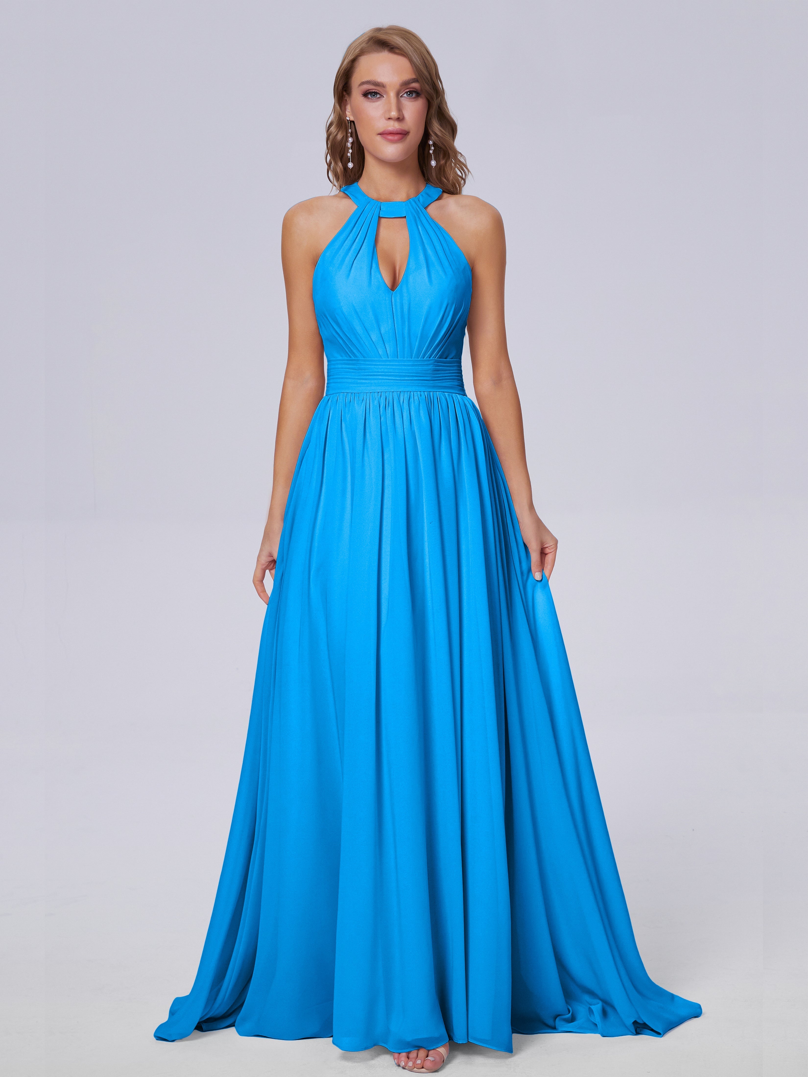 Robes De Demoiselle D'Honneur Bleu Océan Balayage Traîne Mousseline Robes Demoiselle D'Honneur