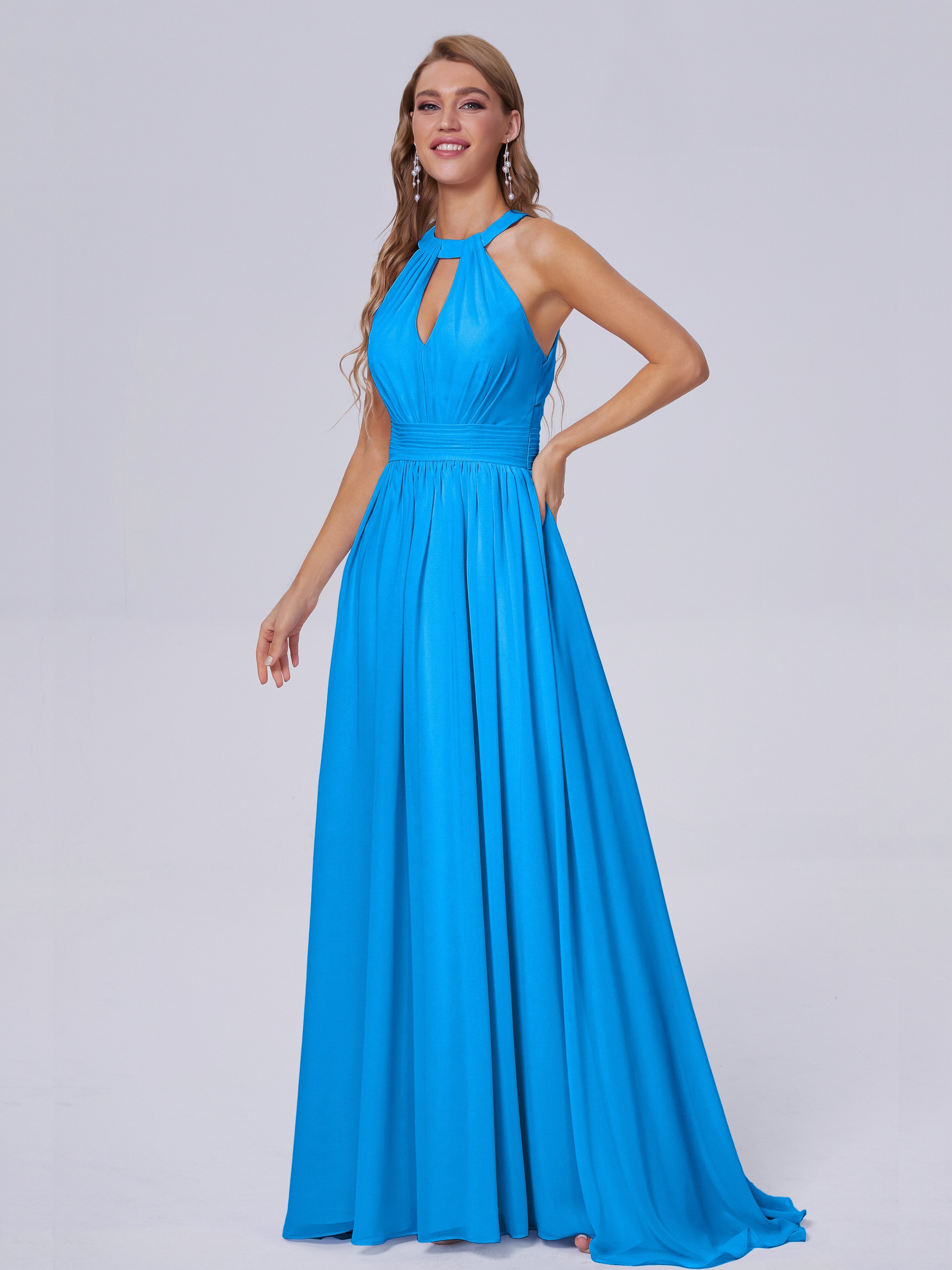 Robes De Demoiselle D'Honneur Bleu Océan Balayage Traîne Mousseline Robes Demoiselle D'Honneur