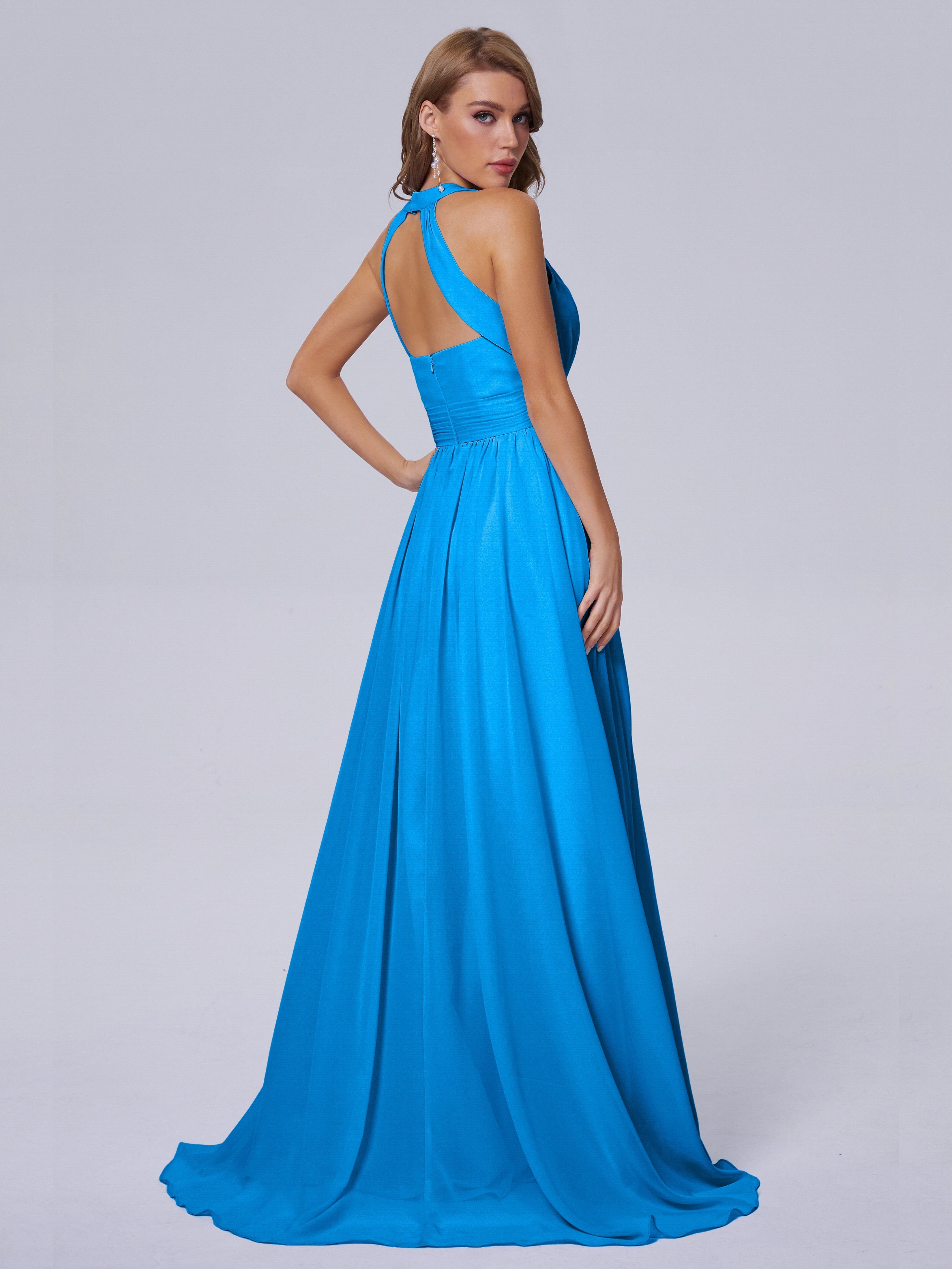 Robes De Demoiselle D'Honneur Bleu Océan Balayage Traîne Mousseline Robes Demoiselle D'Honneur