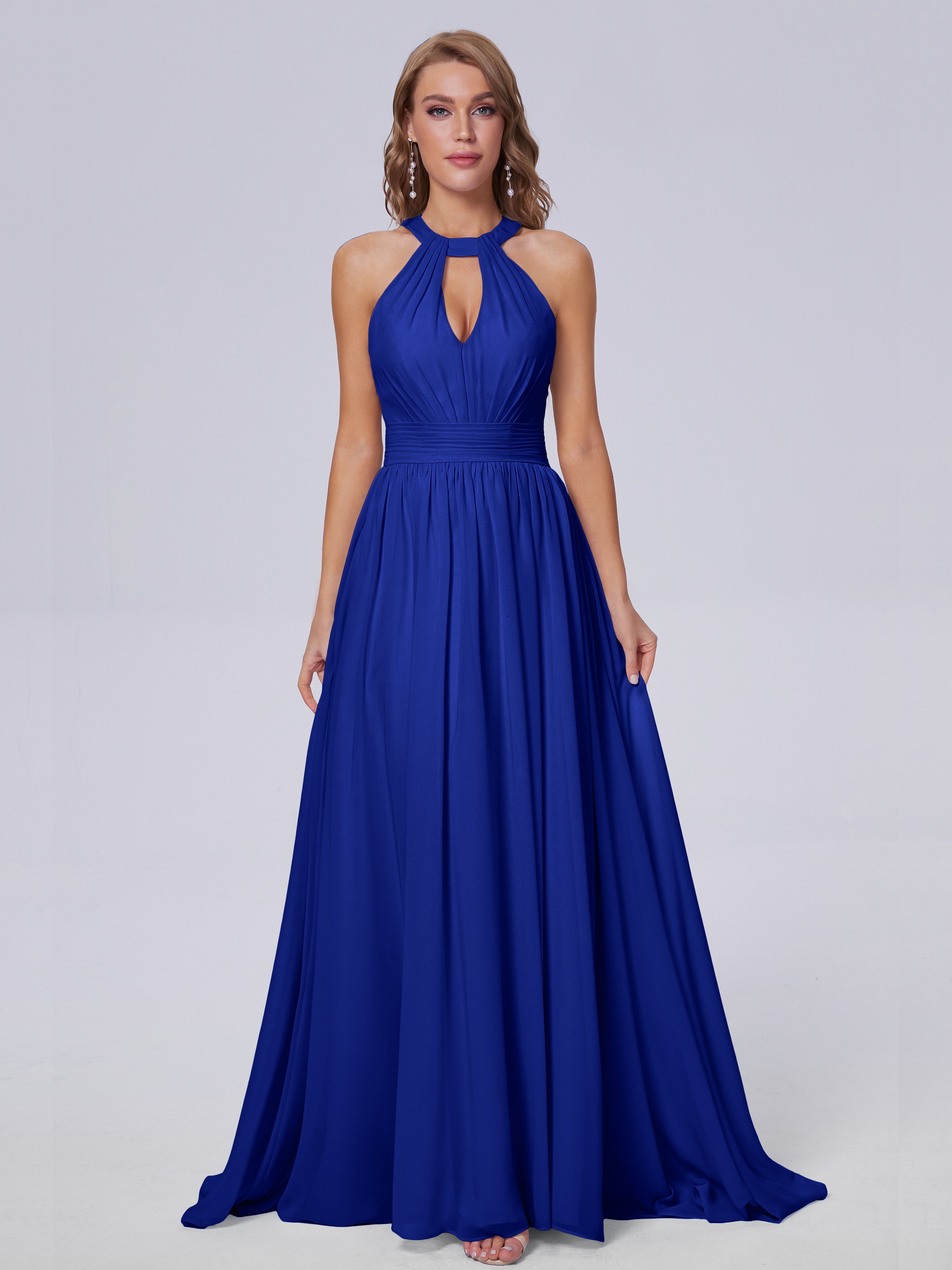Bleu Royal Robe Demoiselle D Honneur Bleu Roi Balayage Traîne Mousseline Robes Demoiselle D'Honneur