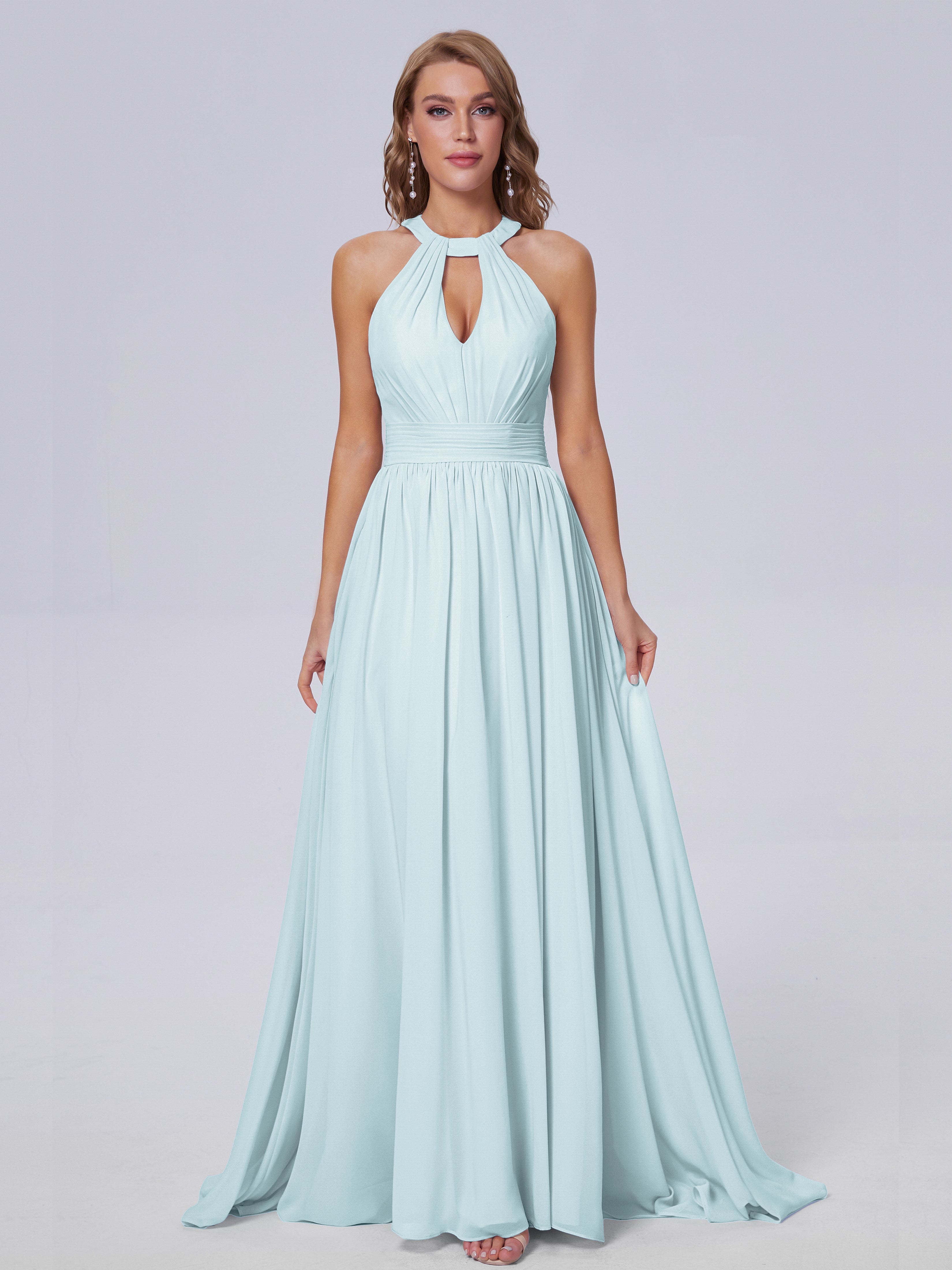 Robe Demoiselle D Honneur Bleue Ciel Balayage Traîne Mousseline Robes Demoiselle D'Honneur