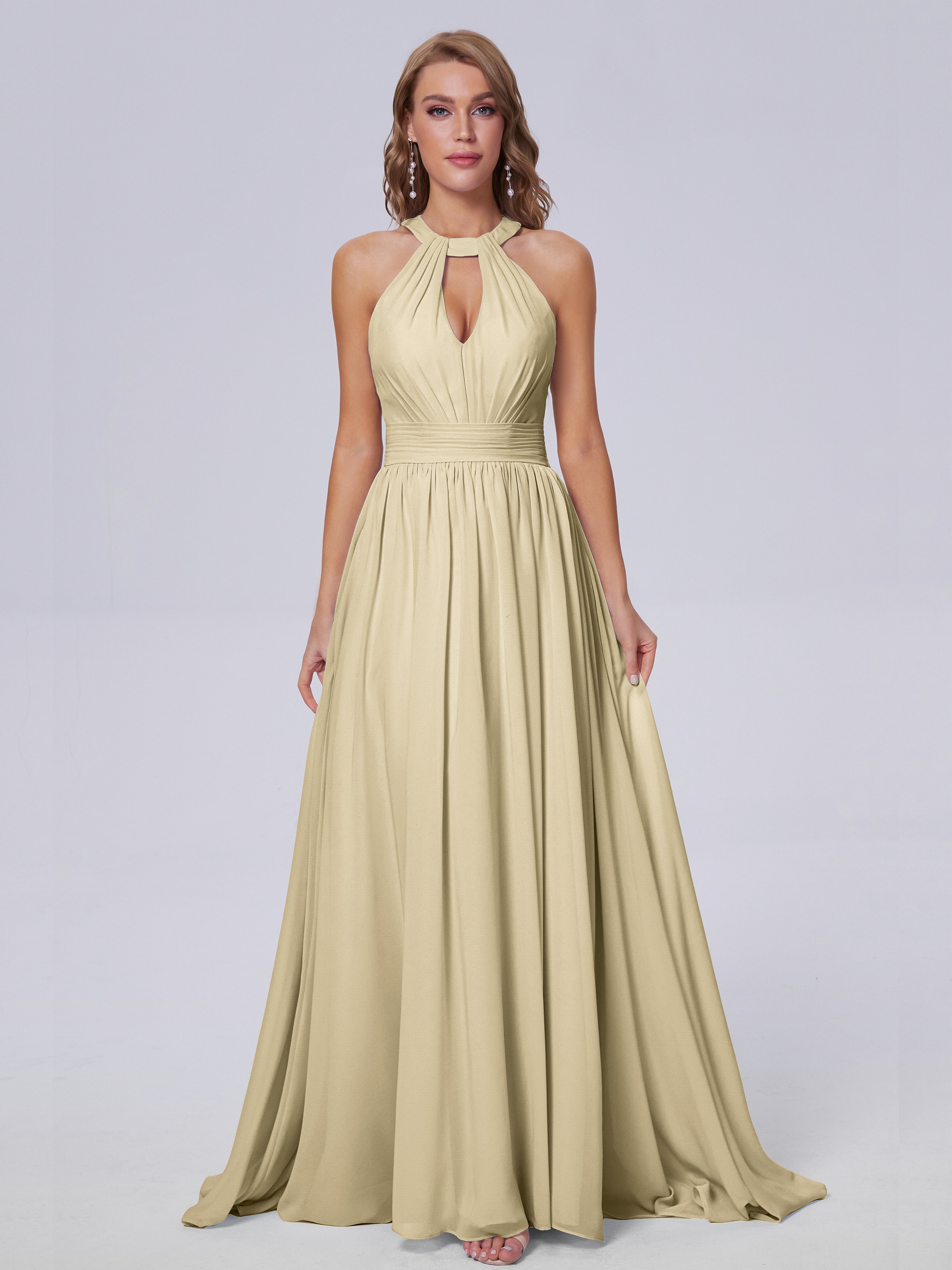 Robe Champagne Demoiselle D Honneur Balayage Traîne Mousseline Robes Demoiselle D'Honneur