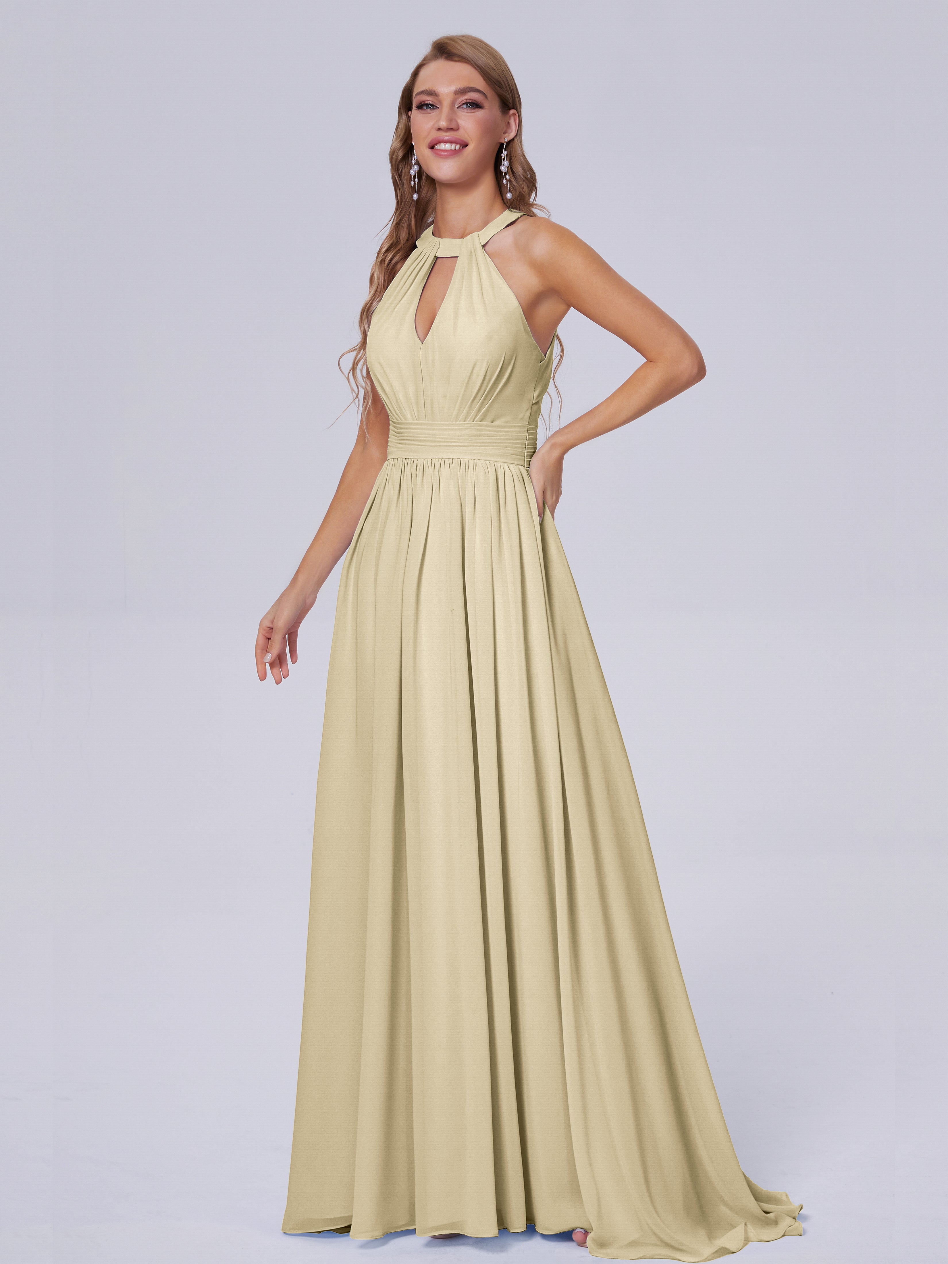 Robe Champagne Demoiselle D Honneur Balayage Traîne Mousseline Robes Demoiselle D'Honneur