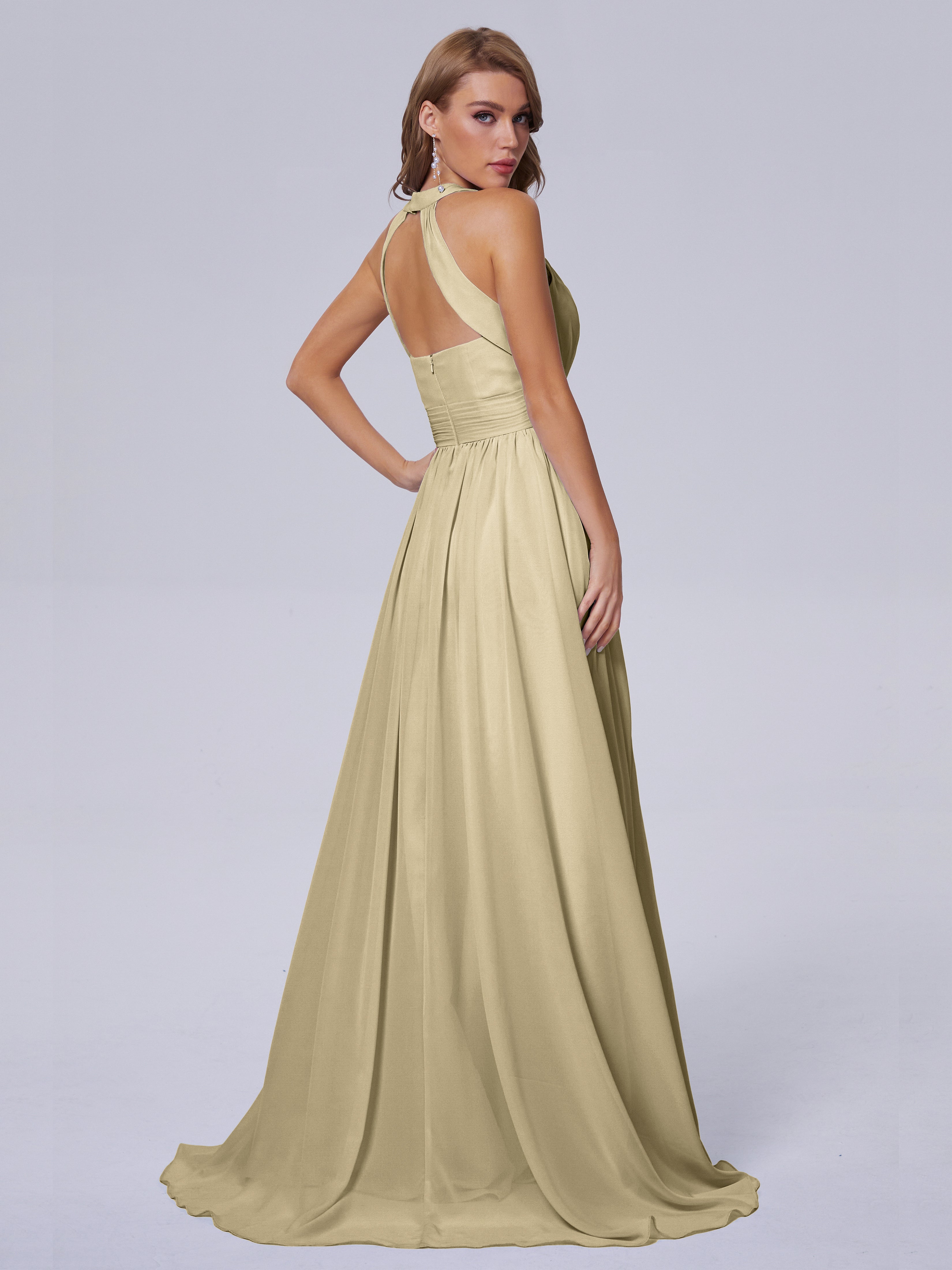 Robe Champagne Demoiselle D Honneur Balayage Traîne Mousseline Robes Demoiselle D'Honneur