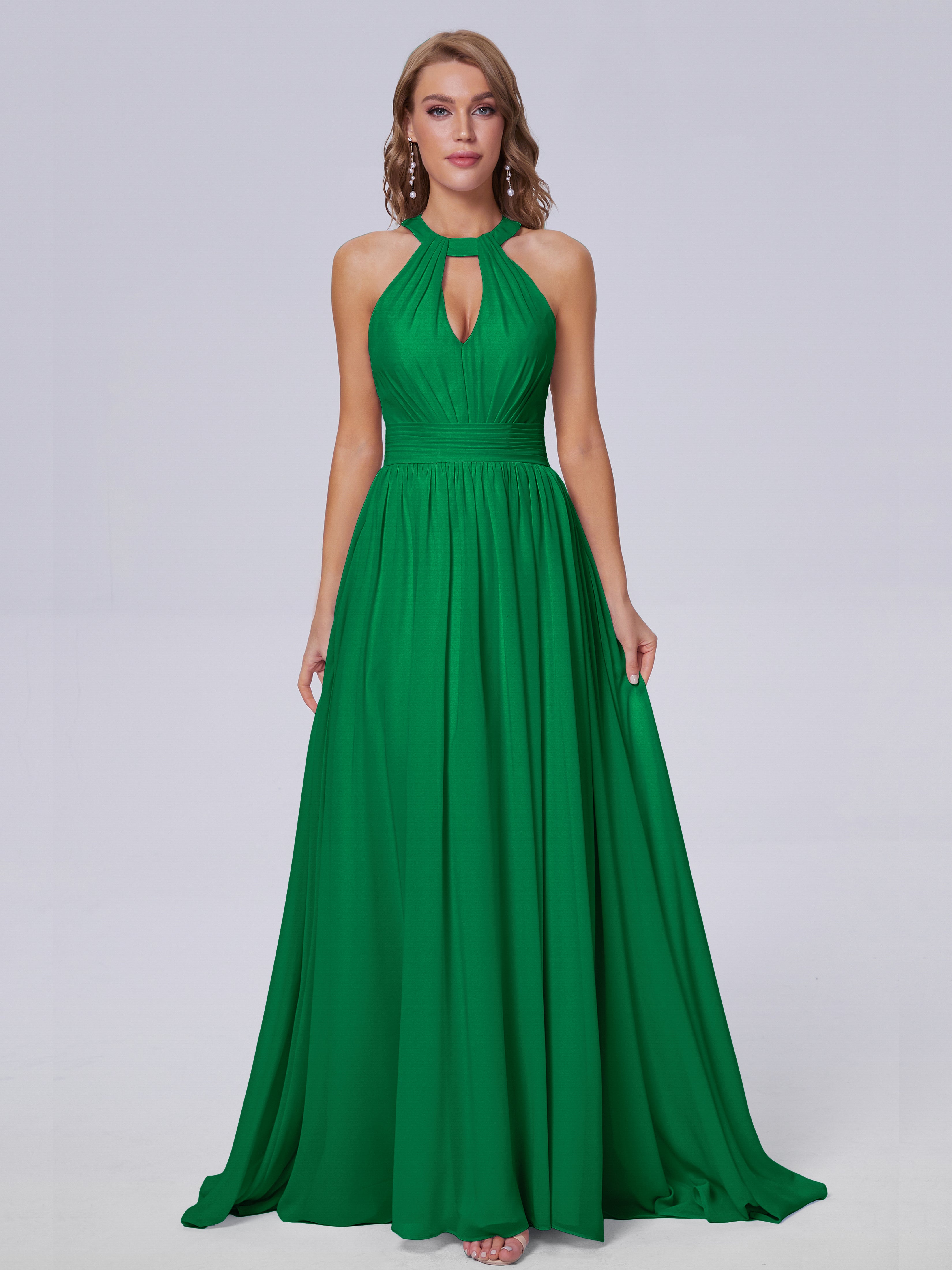 Robes De Demoiselle D'Honneur Vert Émeraude Foncé Balayage Traîne Mousseline Robes Demoiselle D'Honneur