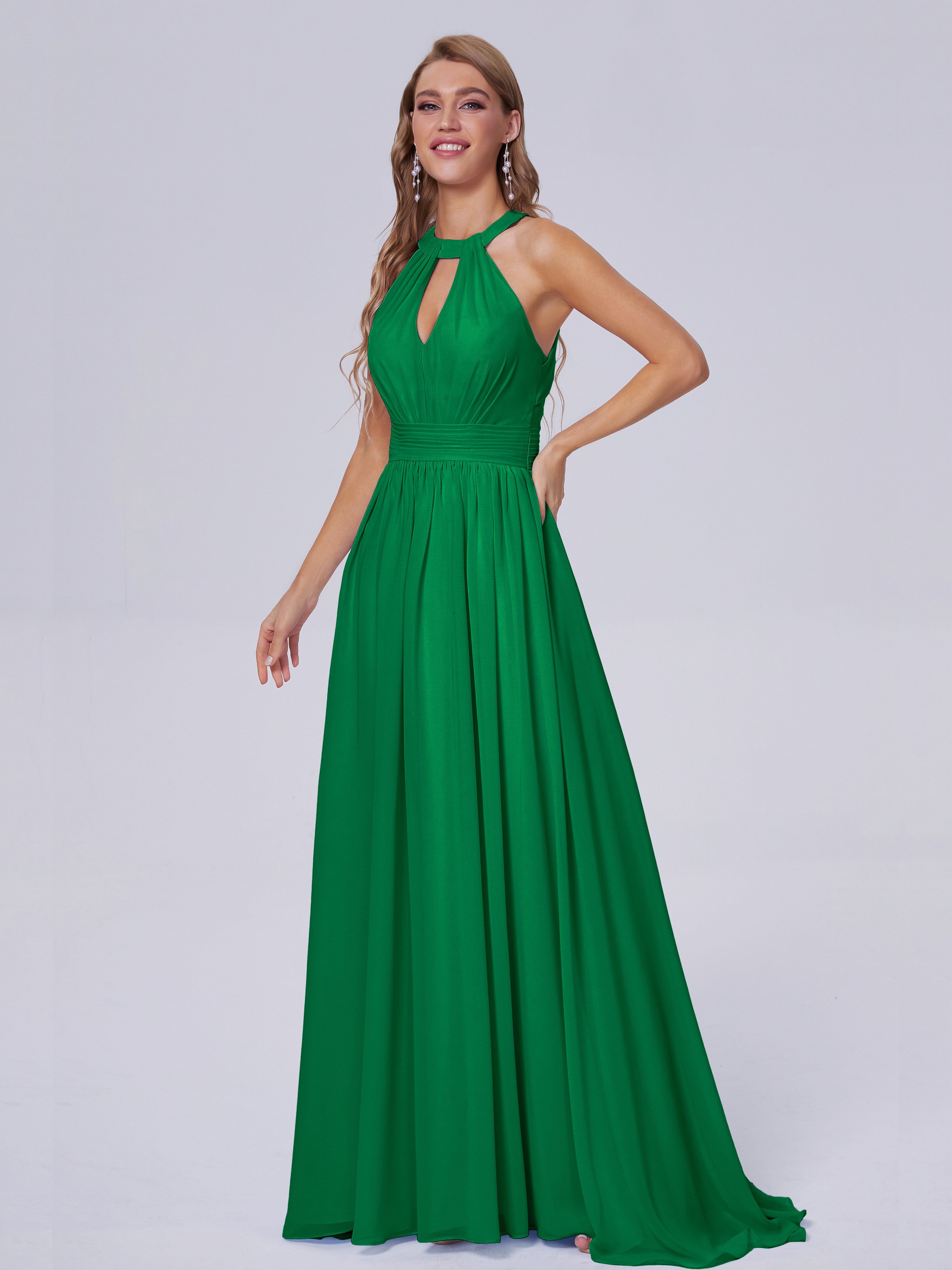 Robes De Demoiselle D'Honneur Vert Émeraude Foncé Balayage Traîne Mousseline Robes Demoiselle D'Honneur