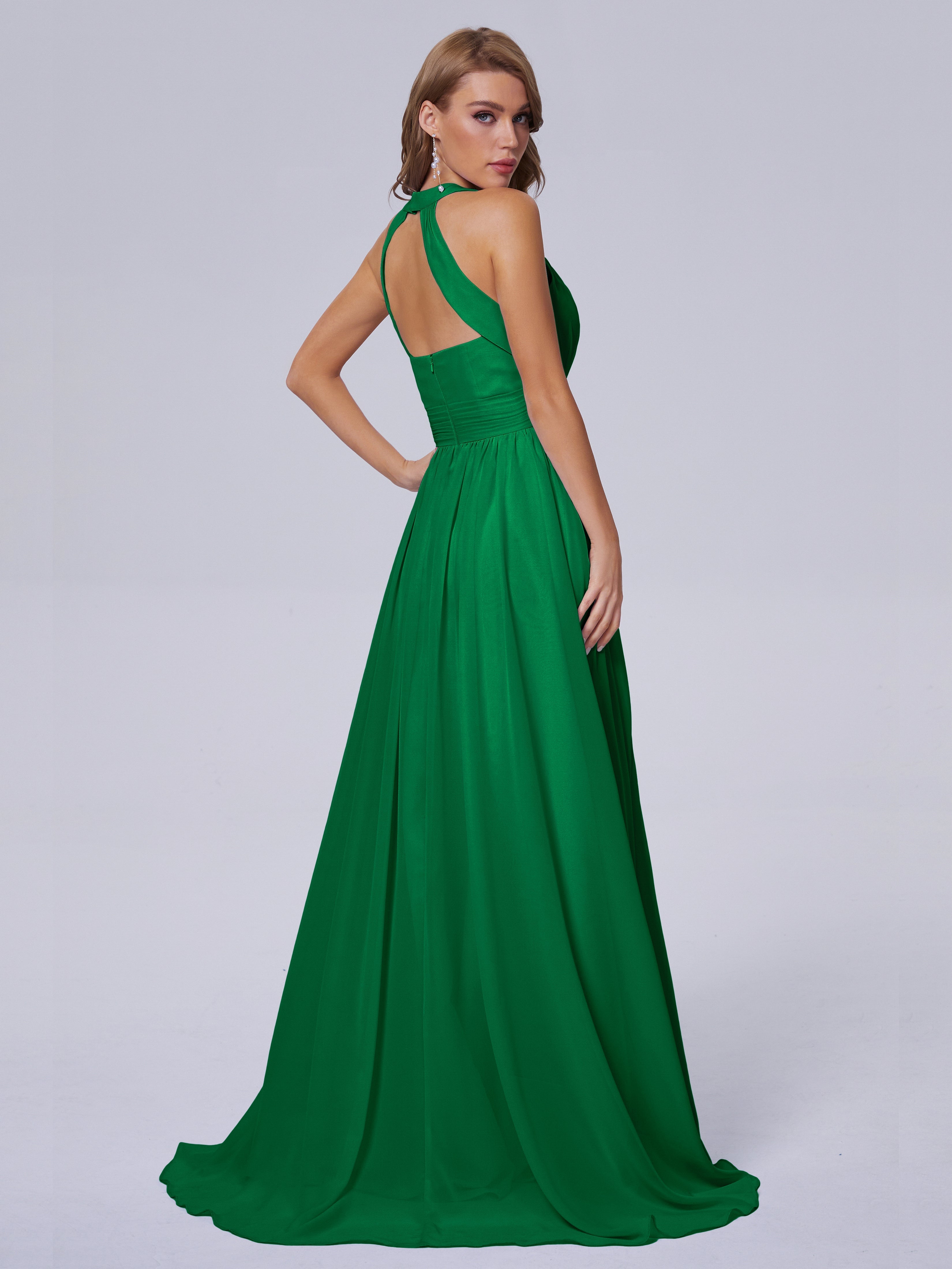 Robes De Demoiselle D'Honneur Vert Émeraude Foncé Balayage Traîne Mousseline Robes Demoiselle D'Honneur