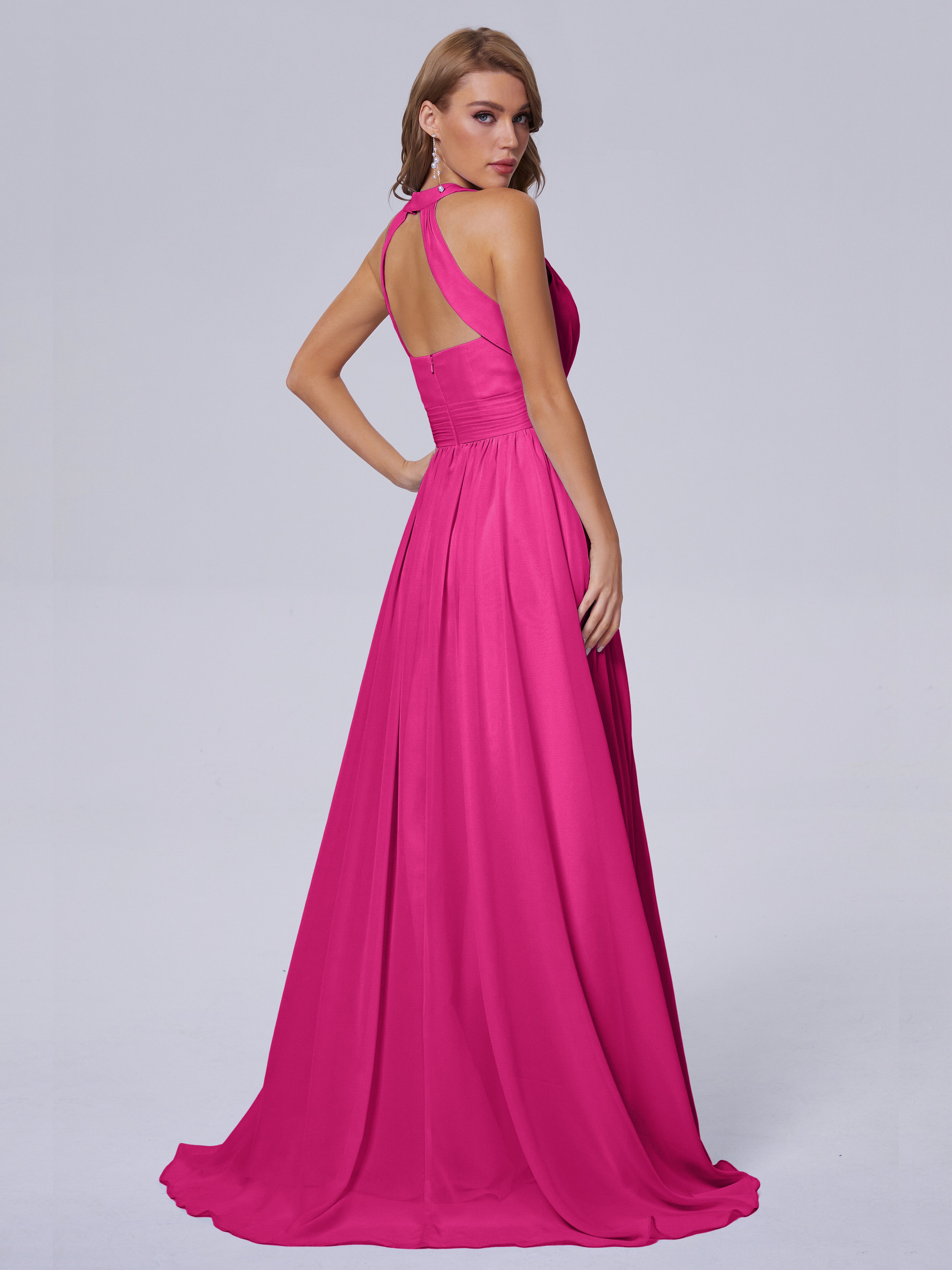 Robe Fuchsia Demoiselle D Honneur Balayage Traîne Mousseline Robes Demoiselle D'Honneur