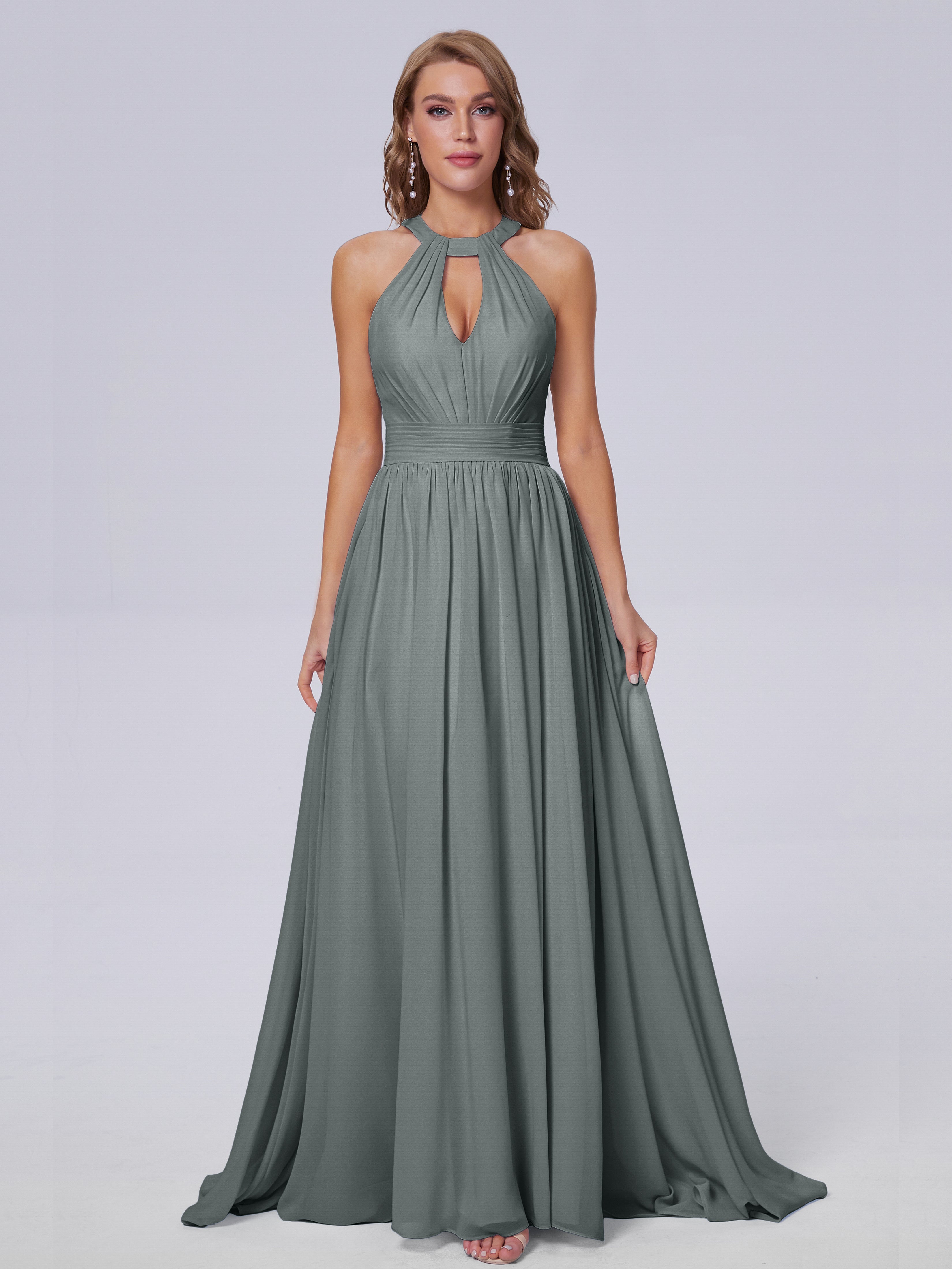 Robe De Demoiselle D Honneur Grise Balayage Traîne Mousseline Robes Demoiselle D'Honneur