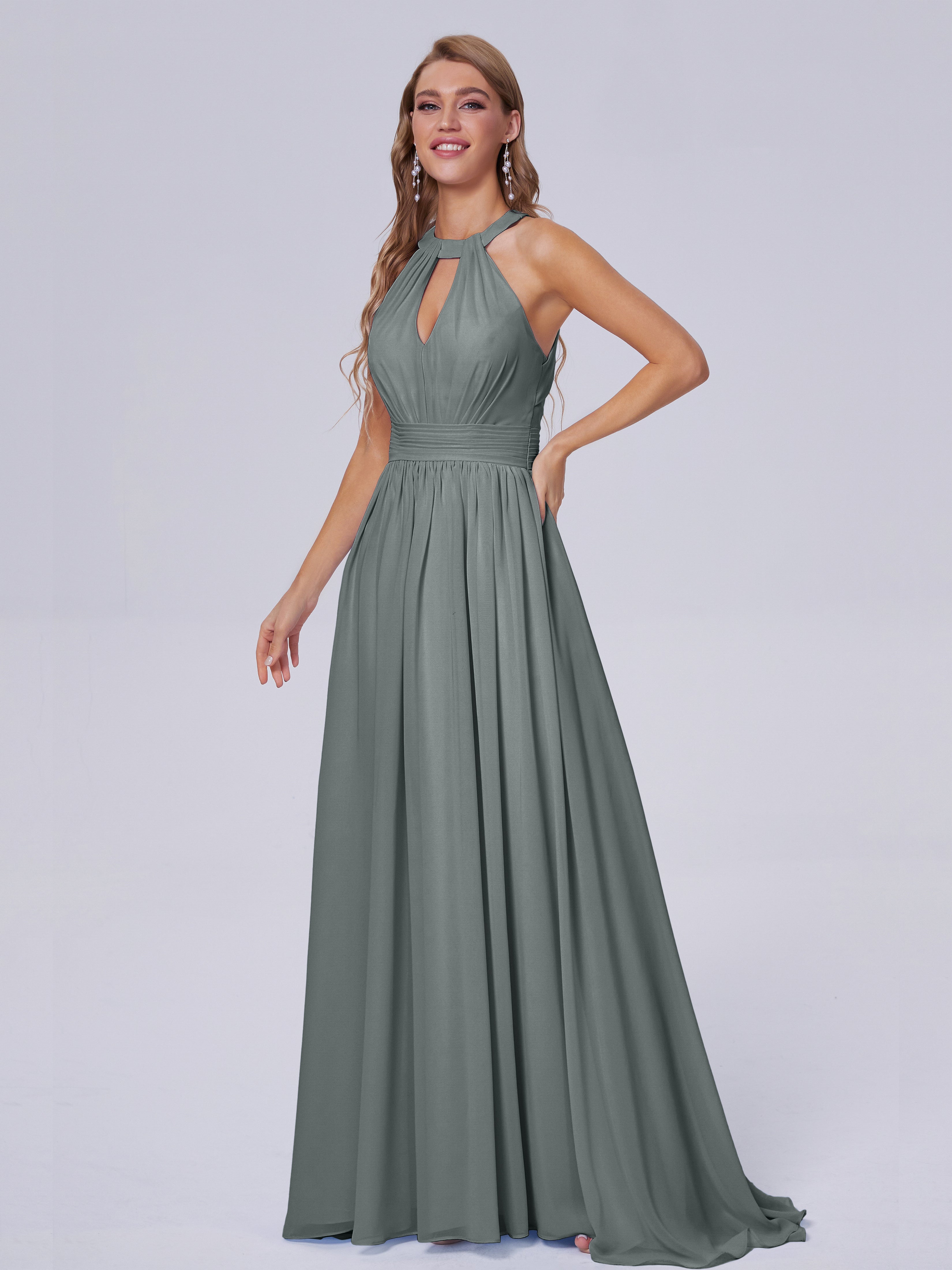 Robe De Demoiselle D Honneur Grise Balayage Traîne Mousseline Robes Demoiselle D'Honneur