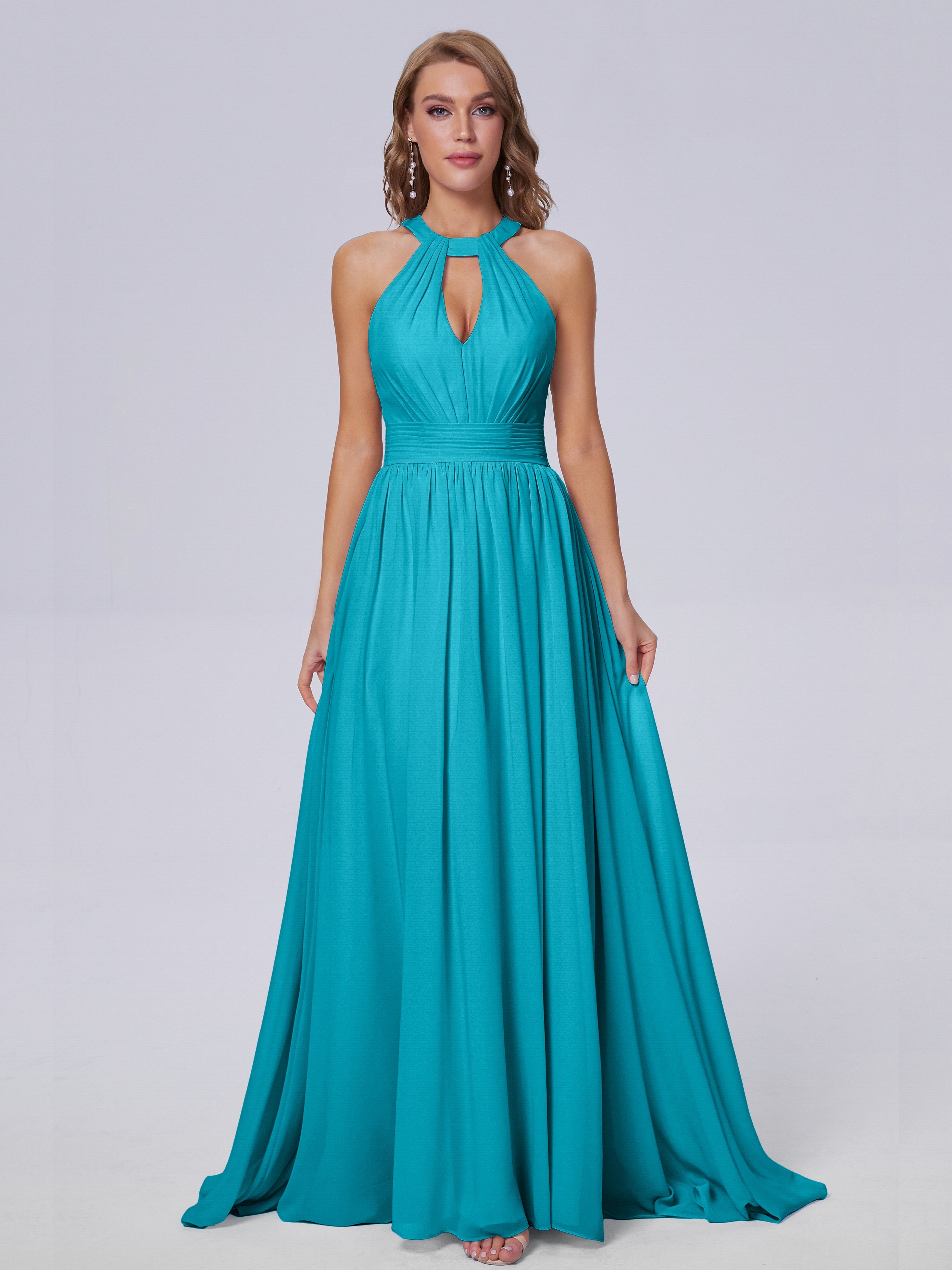 Robes De Demoiselle D'Honneur Vert Jade Balayage Traîne Mousseline Robes Demoiselle D'Honneur