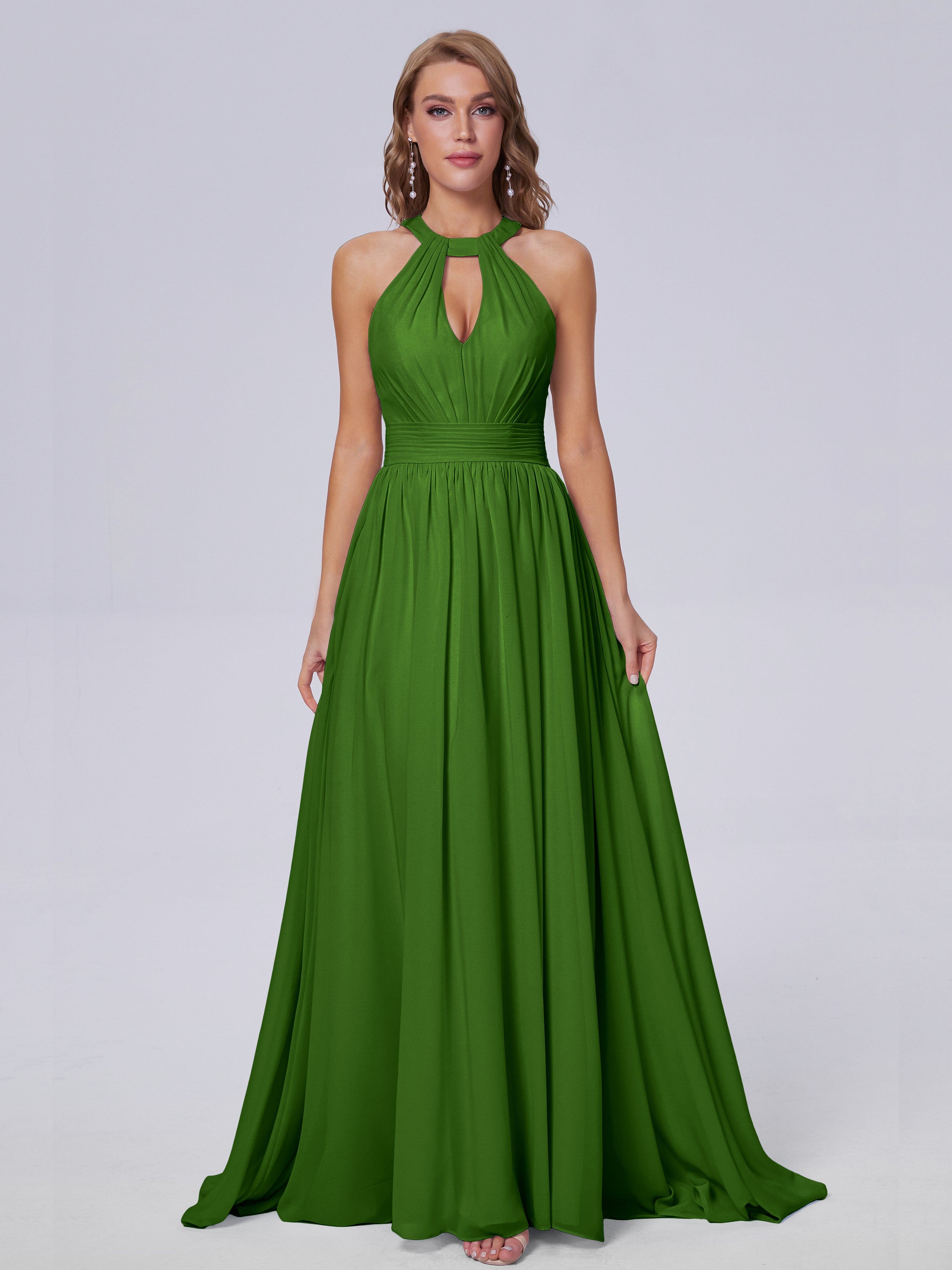 Robes De Demoiselle D'Honneur Vert Mousse Balayage Traîne Mousseline Robes Demoiselle D'Honneur