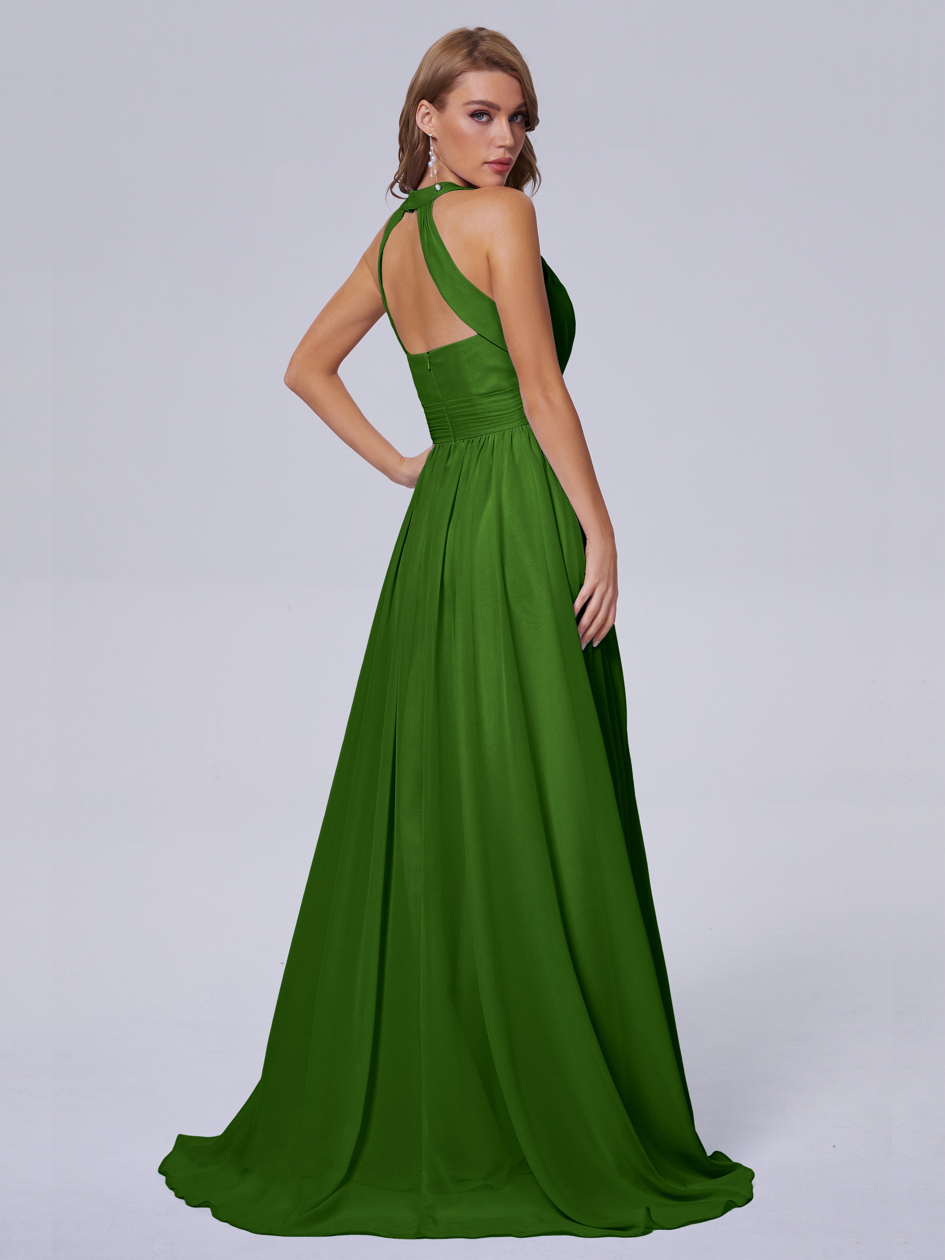 Robes De Demoiselle D'Honneur Vert Mousse Balayage Traîne Mousseline Robes Demoiselle D'Honneur