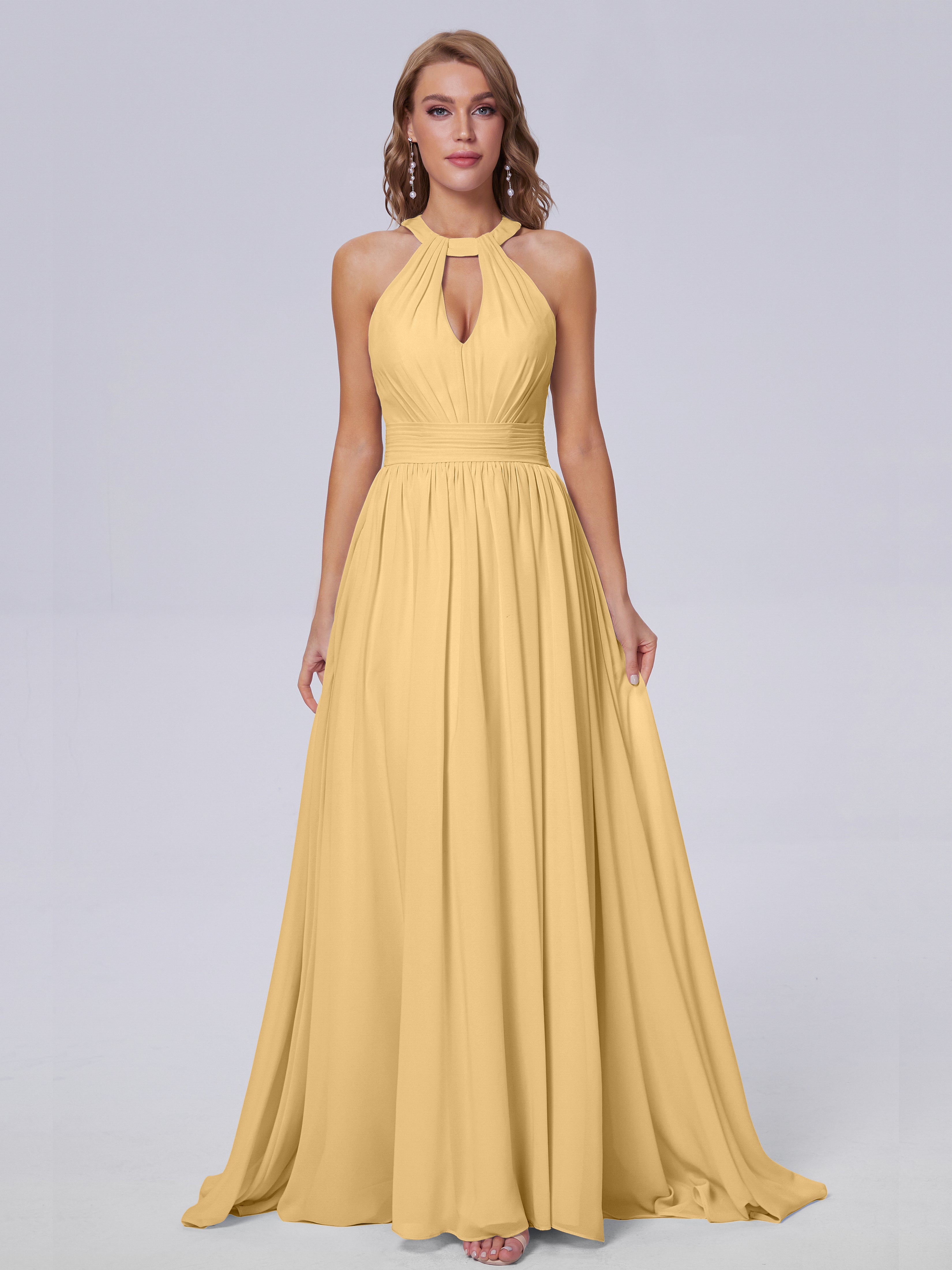 Robe Demoiselle D Honneur Doré Balayage Traîne Mousseline Robes Demoiselle D'Honneur