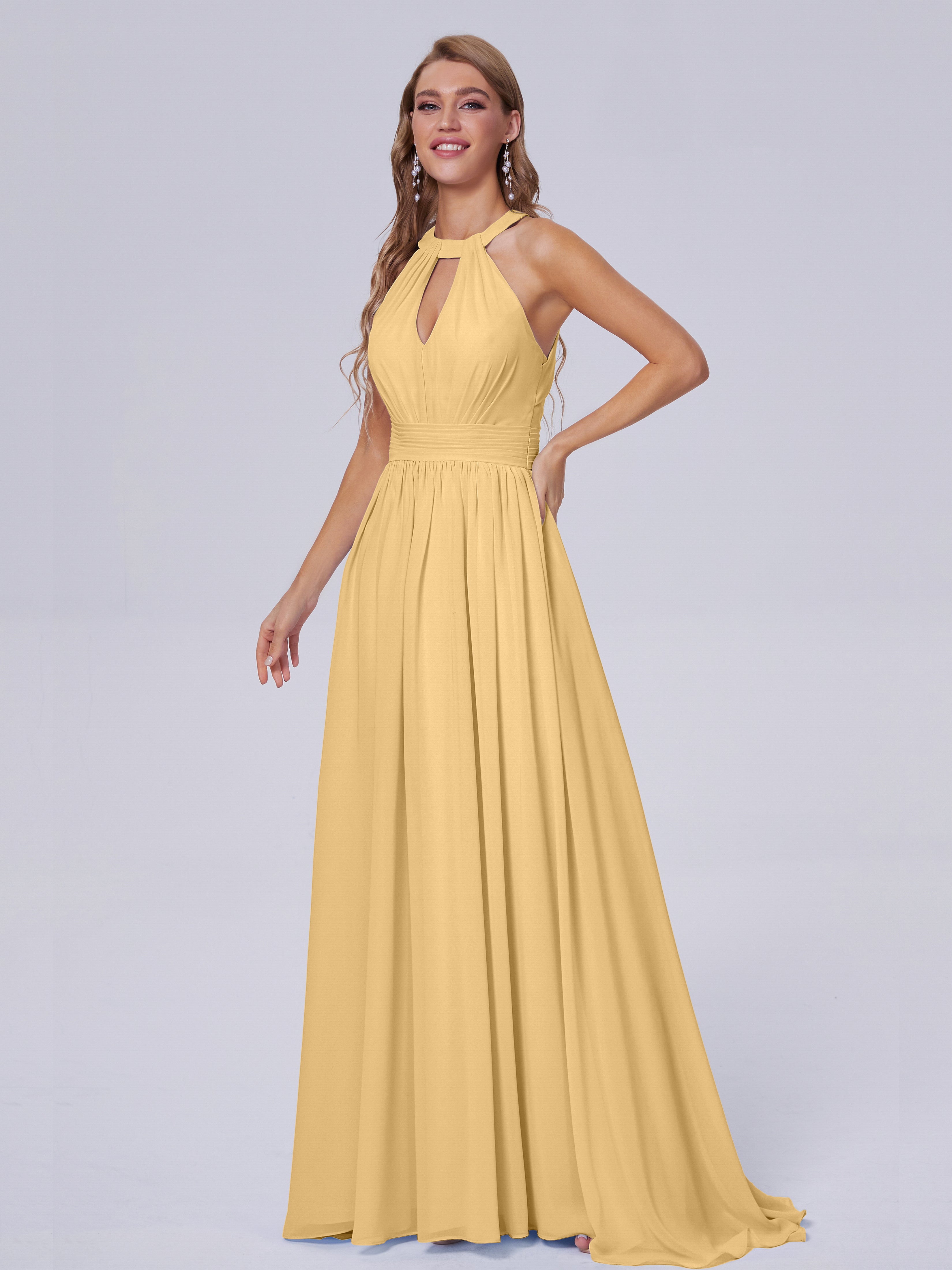 Robe Demoiselle D Honneur Doré Balayage Traîne Mousseline Robes Demoiselle D'Honneur