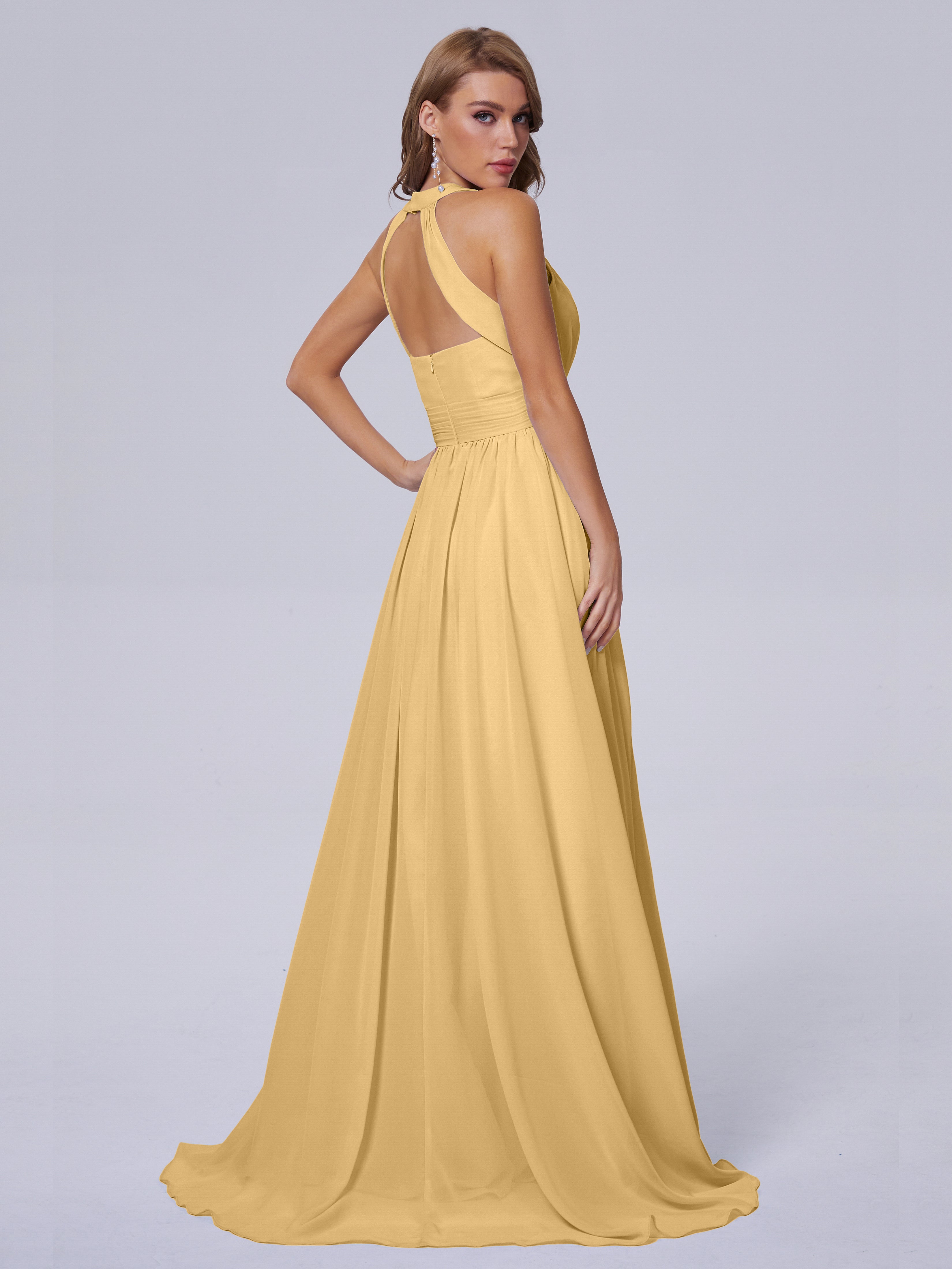 Robe Demoiselle D Honneur Doré Balayage Traîne Mousseline Robes Demoiselle D'Honneur