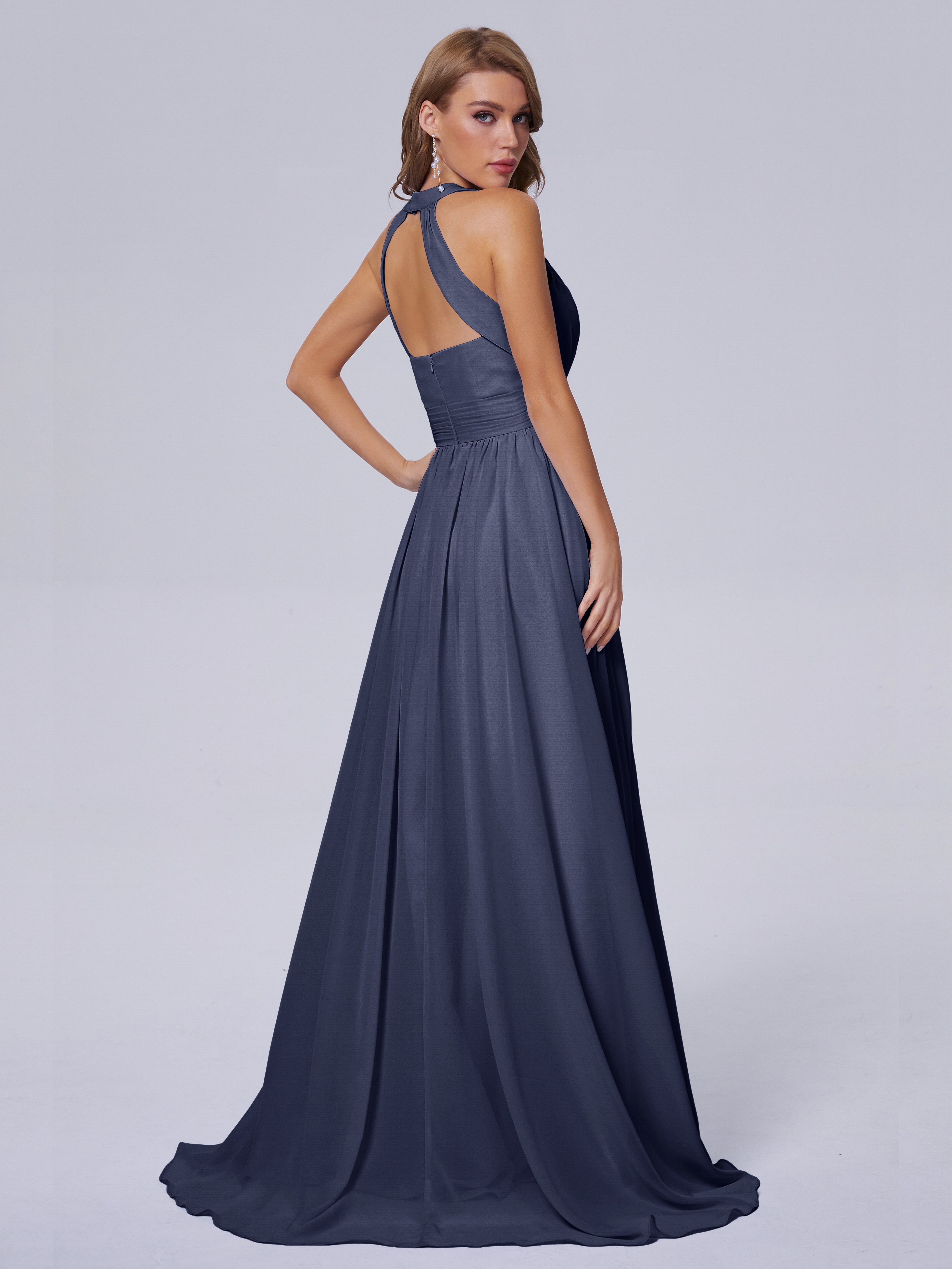Robes De Demoiselle D'Honneur Bleu Orageux Balayage Traîne Mousseline Robes Demoiselle D'Honneur