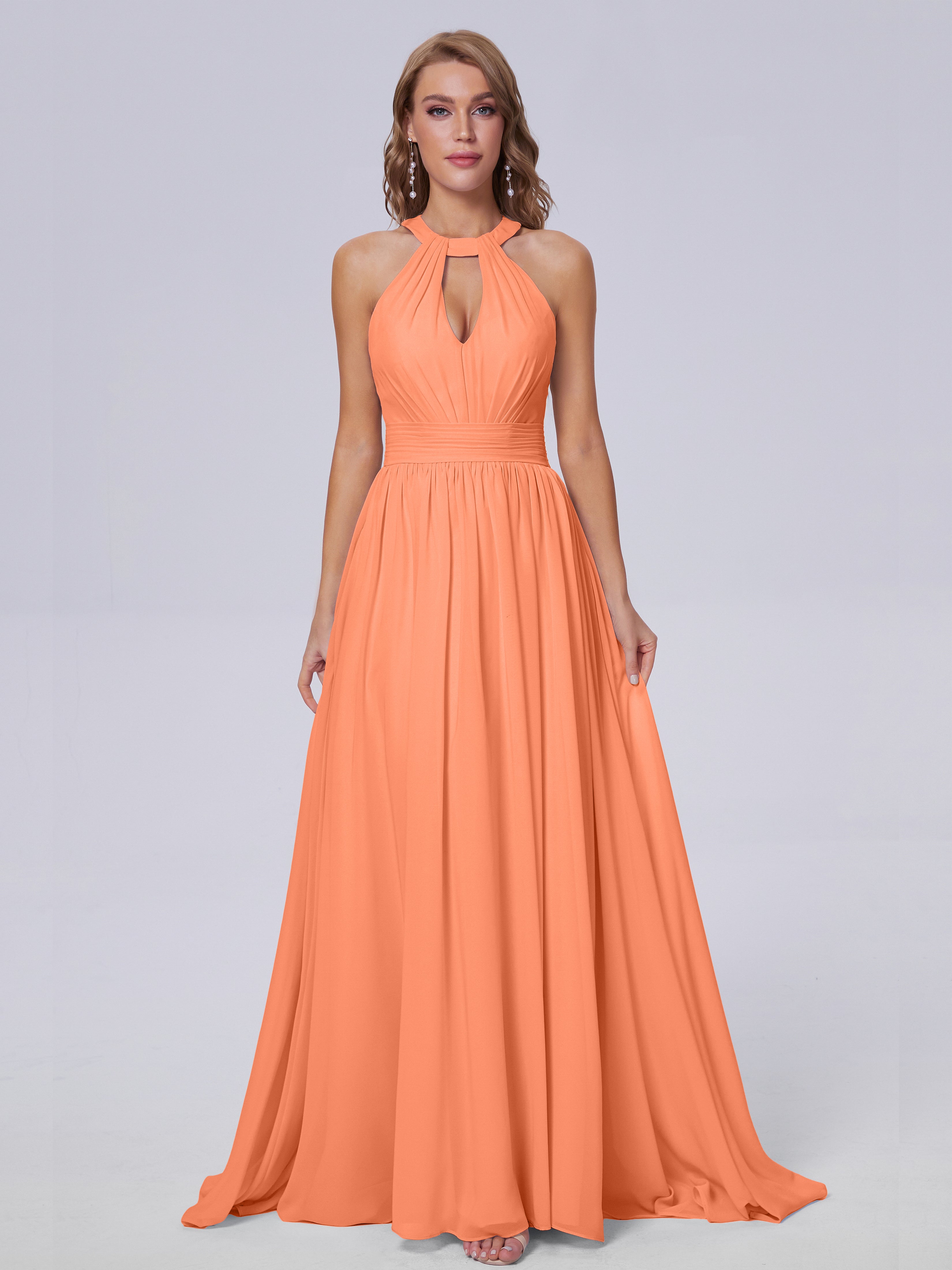 Robes De Demoiselle D'Honneur Papaye Balayage Traîne Mousseline Robes Demoiselle D'Honneur