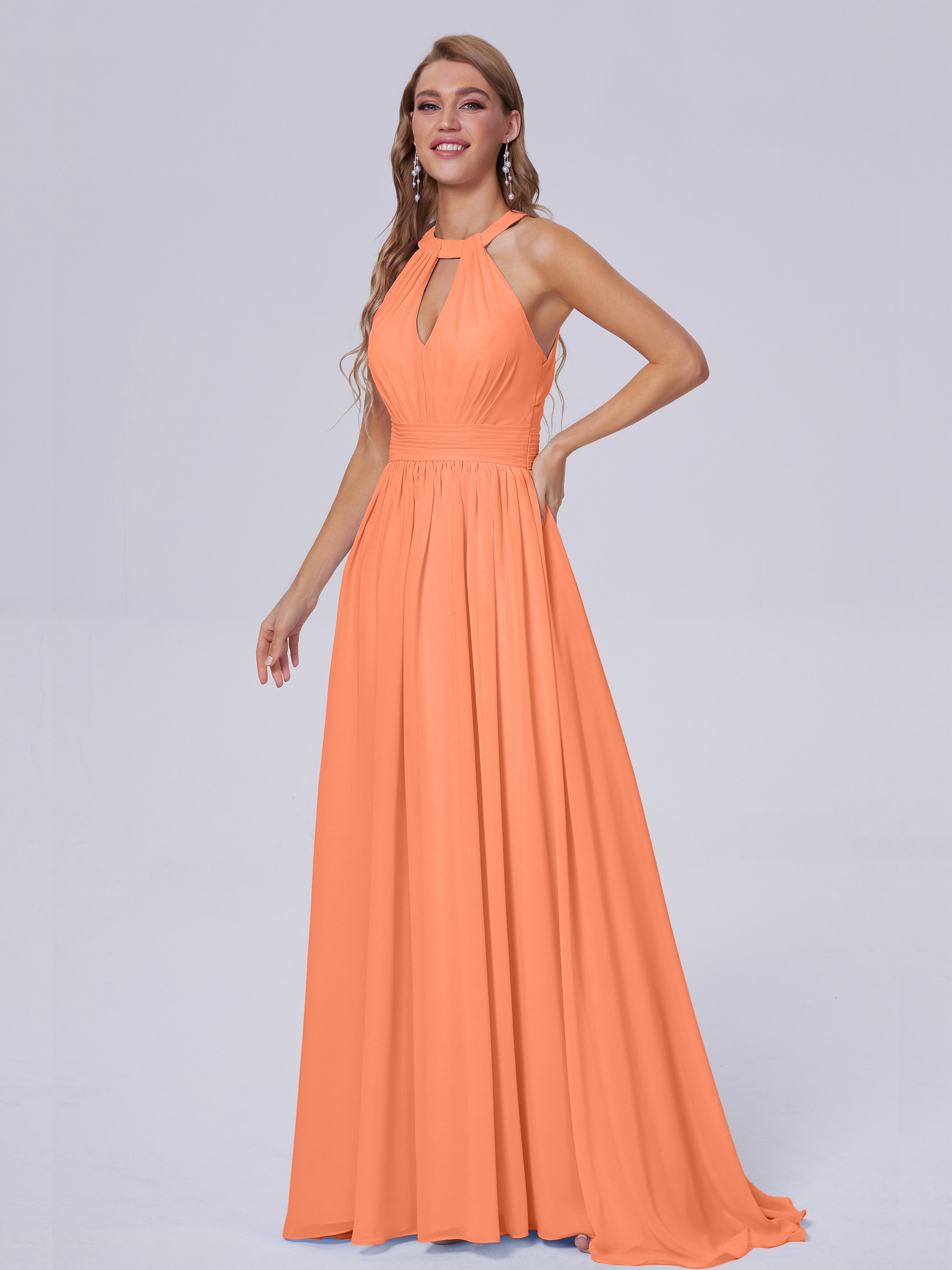 Robes De Demoiselle D'Honneur Papaye Balayage Traîne Mousseline Robes Demoiselle D'Honneur