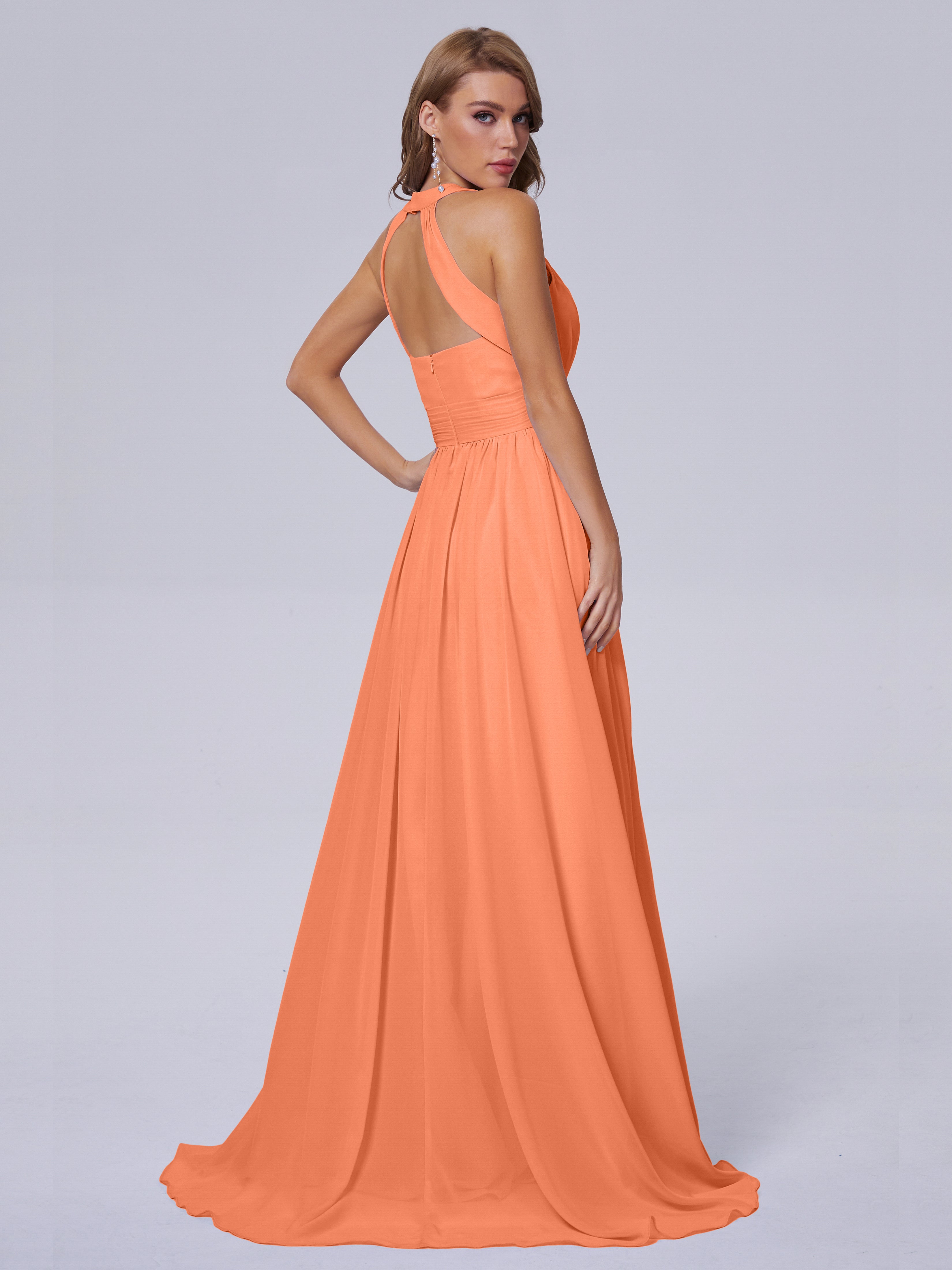 Robes De Demoiselle D'Honneur Papaye Balayage Traîne Mousseline Robes Demoiselle D'Honneur