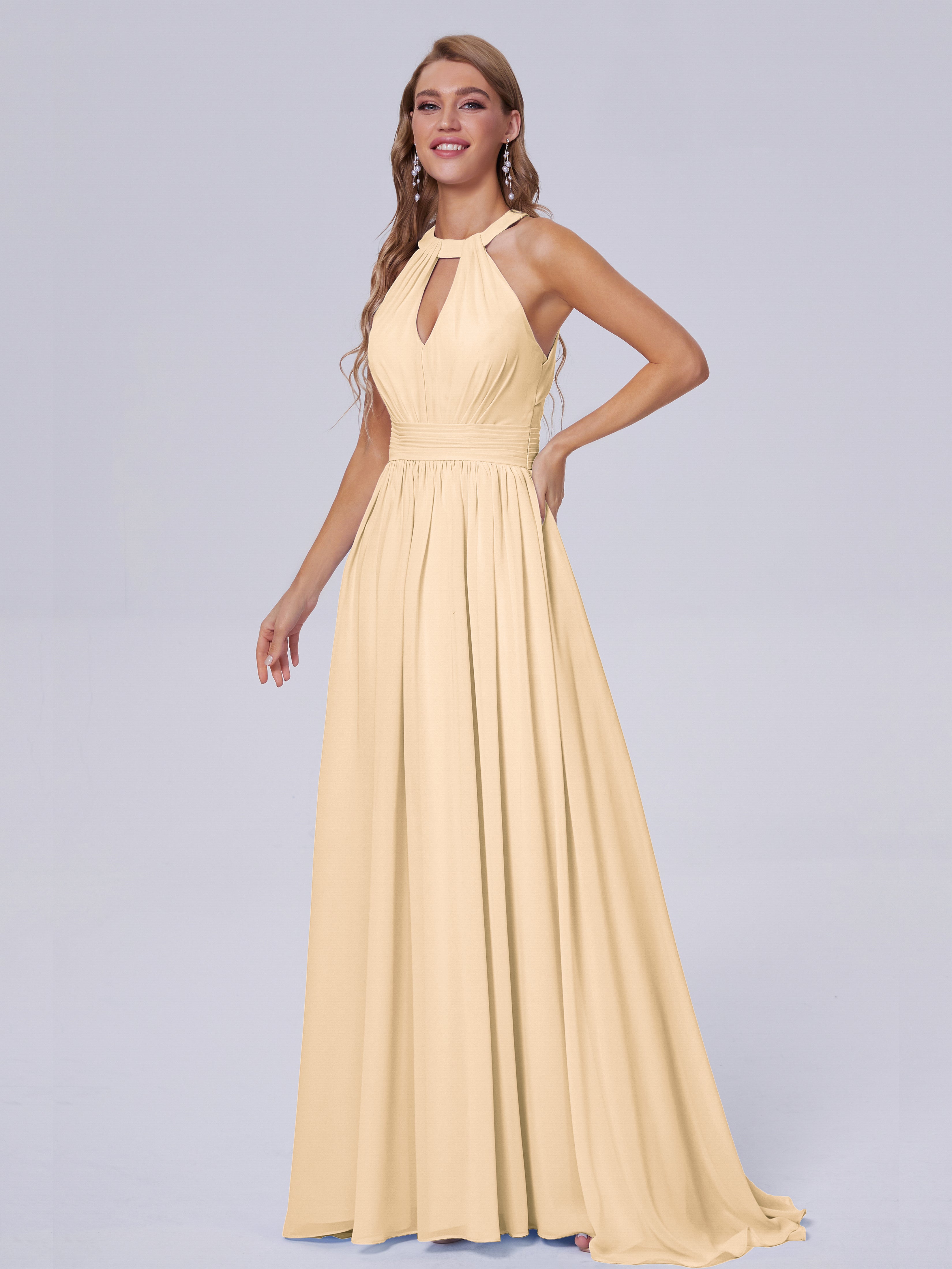 Robe Demoiselle D Honneur Pêche Balayage Traîne Mousseline Robes Demoiselle D'Honneur