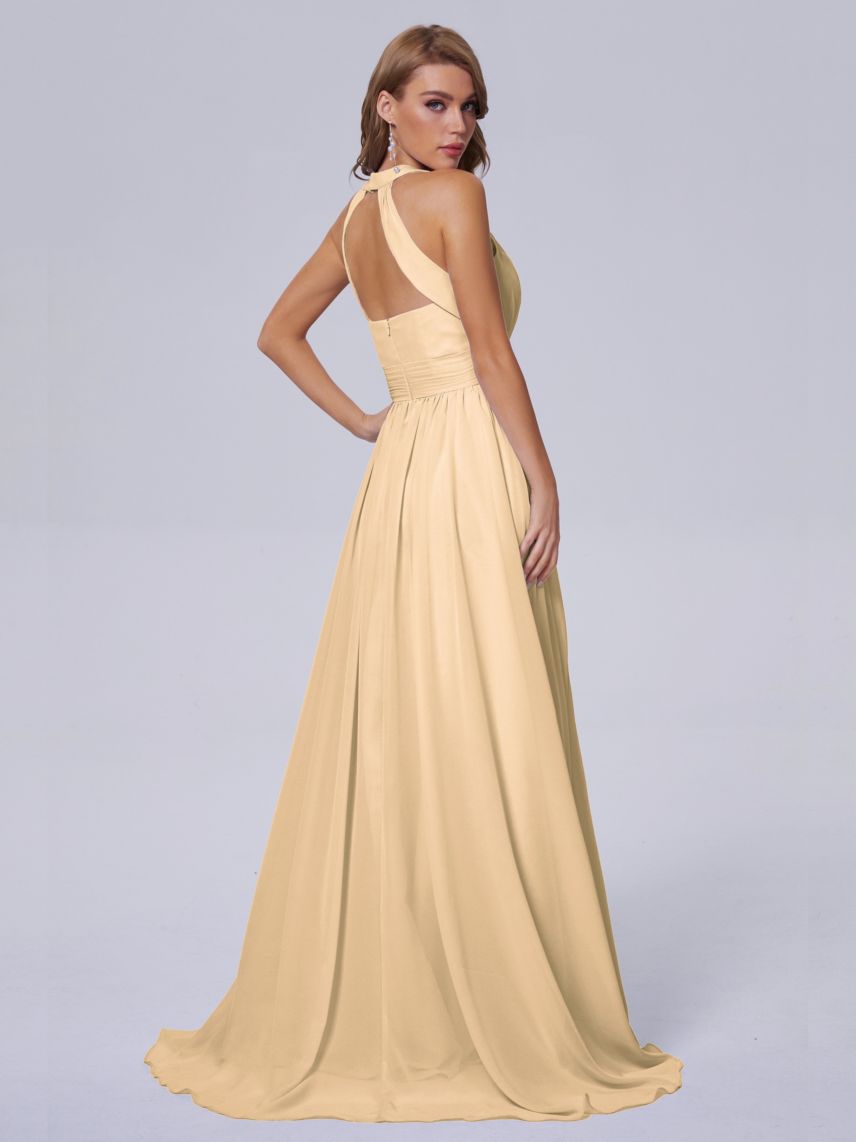 Robe Demoiselle D Honneur Pêche Balayage Traîne Mousseline Robes Demoiselle D'Honneur