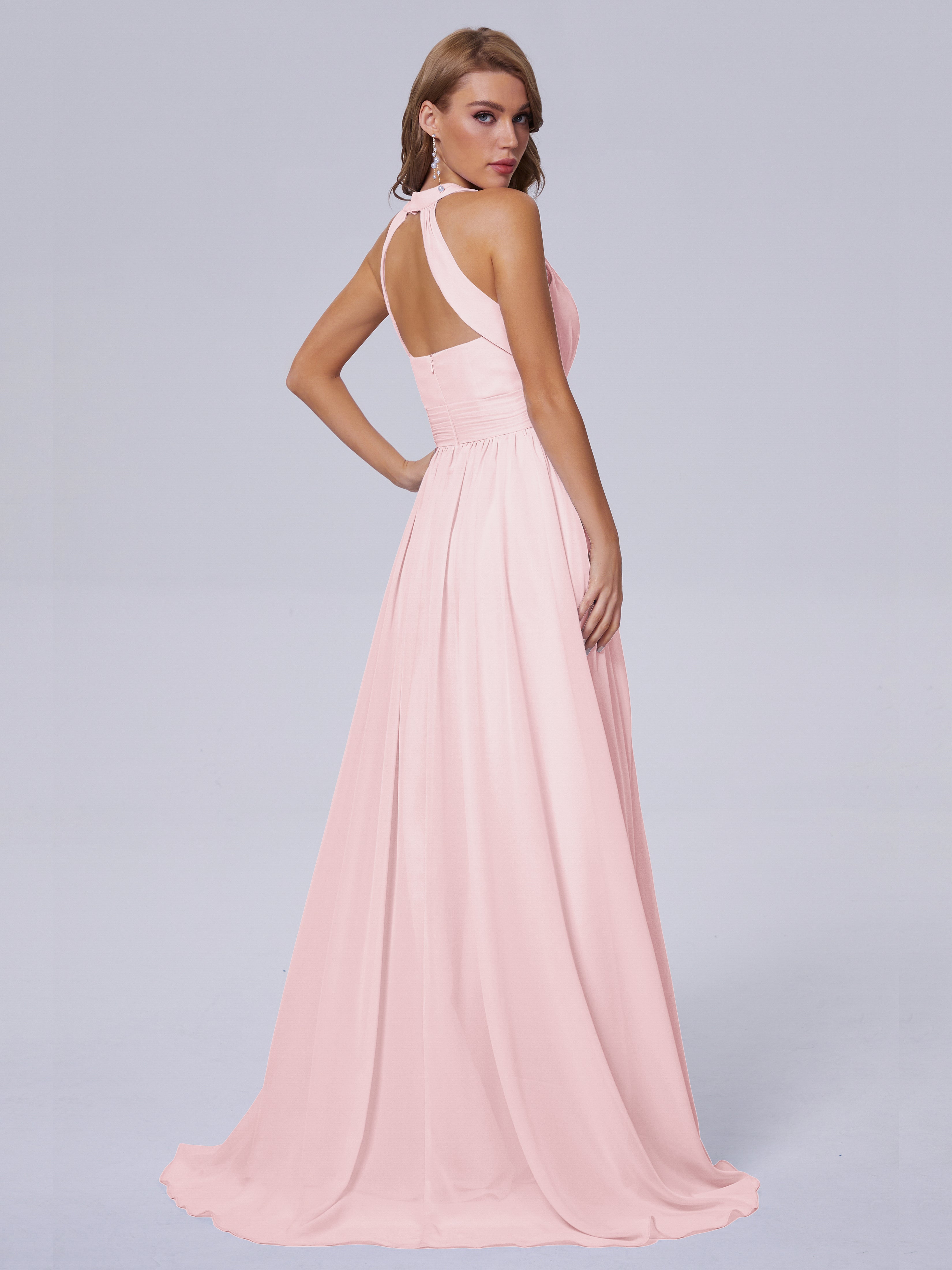Robe Demoiselle Dhonneur Rose Pale Balayage Traîne Mousseline Robes Demoiselle D'Honneur