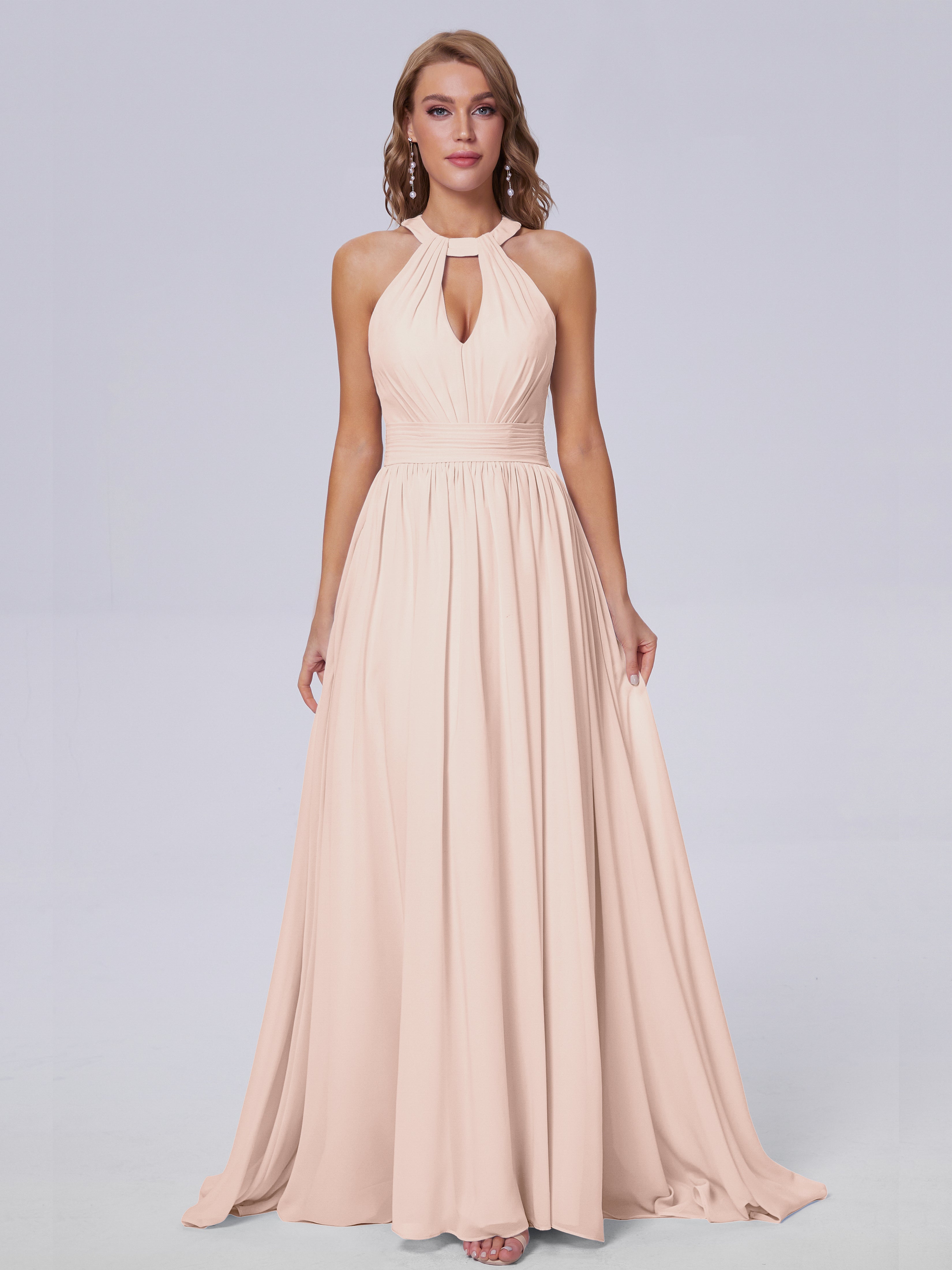 Robe Demoiselle D Honneur Rose Perle Balayage Traîne Mousseline Robes Demoiselle D'Honneur
