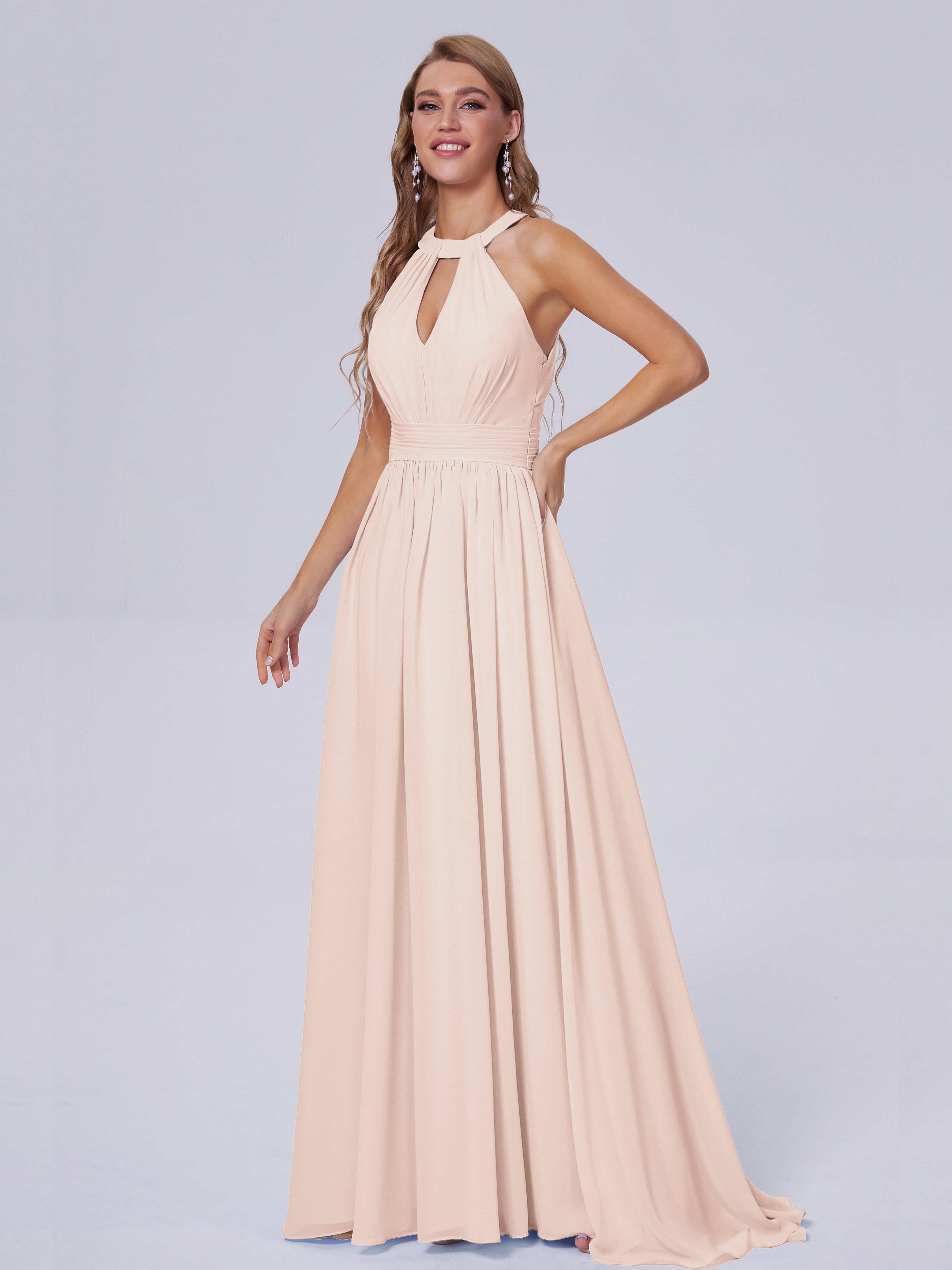 Robe Demoiselle D Honneur Rose Perle Balayage Traîne Mousseline Robes Demoiselle D'Honneur