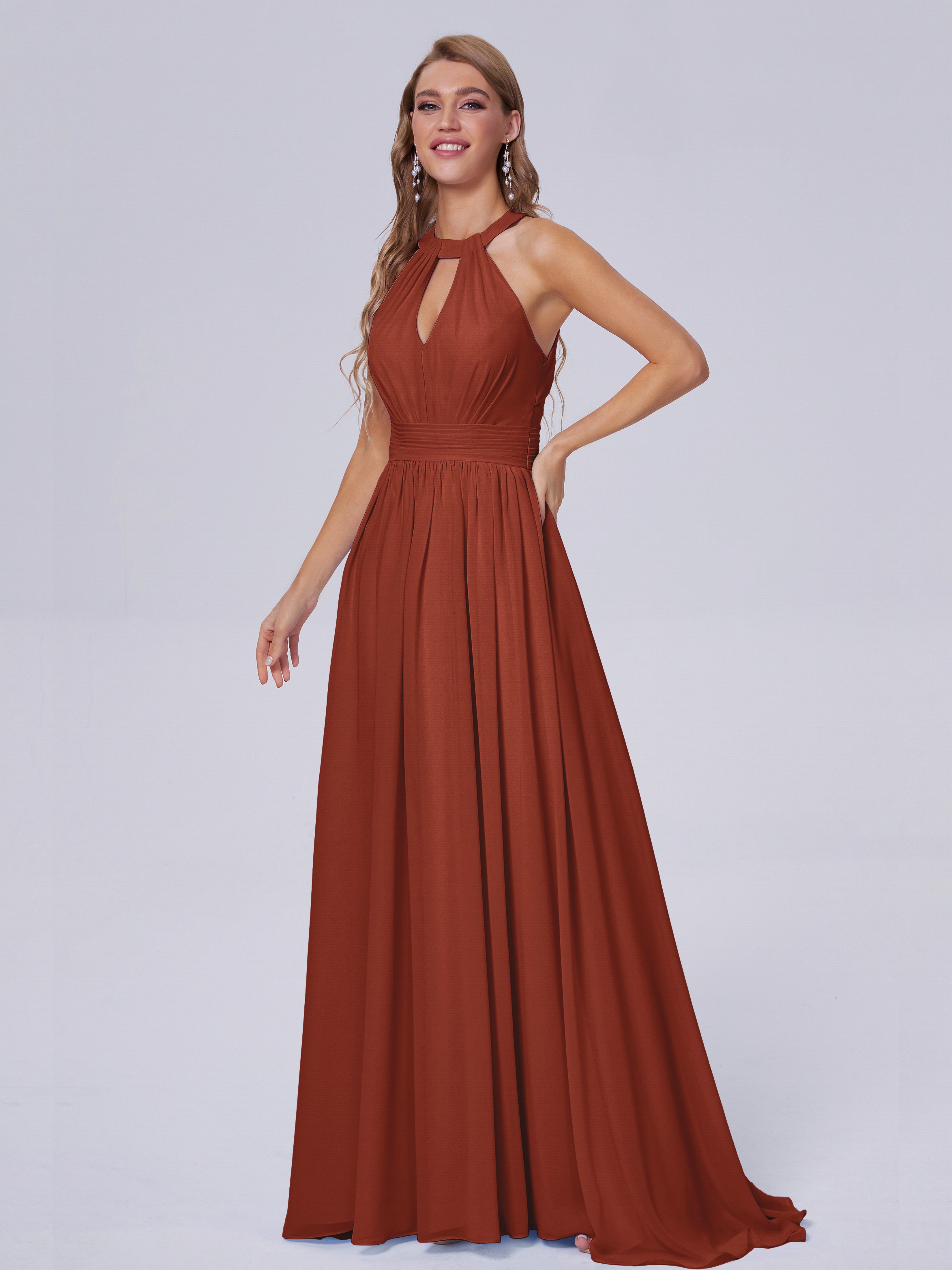 Robe De Demoiselle D'Honneur De Rouille Au Sol Balayage Traîne Mousseline Robes Demoiselle D'Honneur