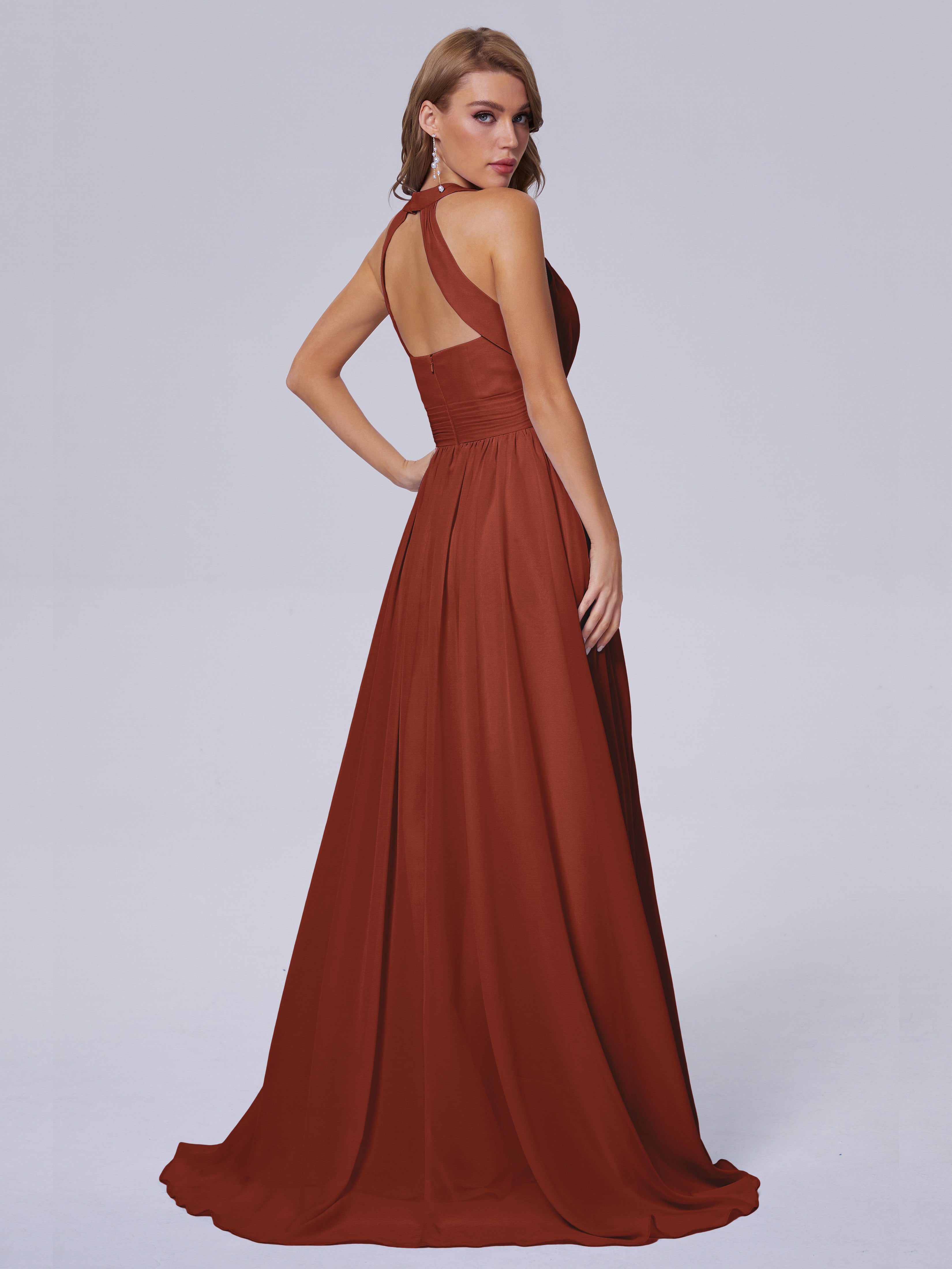 Robe De Demoiselle D'Honneur De Rouille Au Sol Balayage Traîne Mousseline Robes Demoiselle D'Honneur